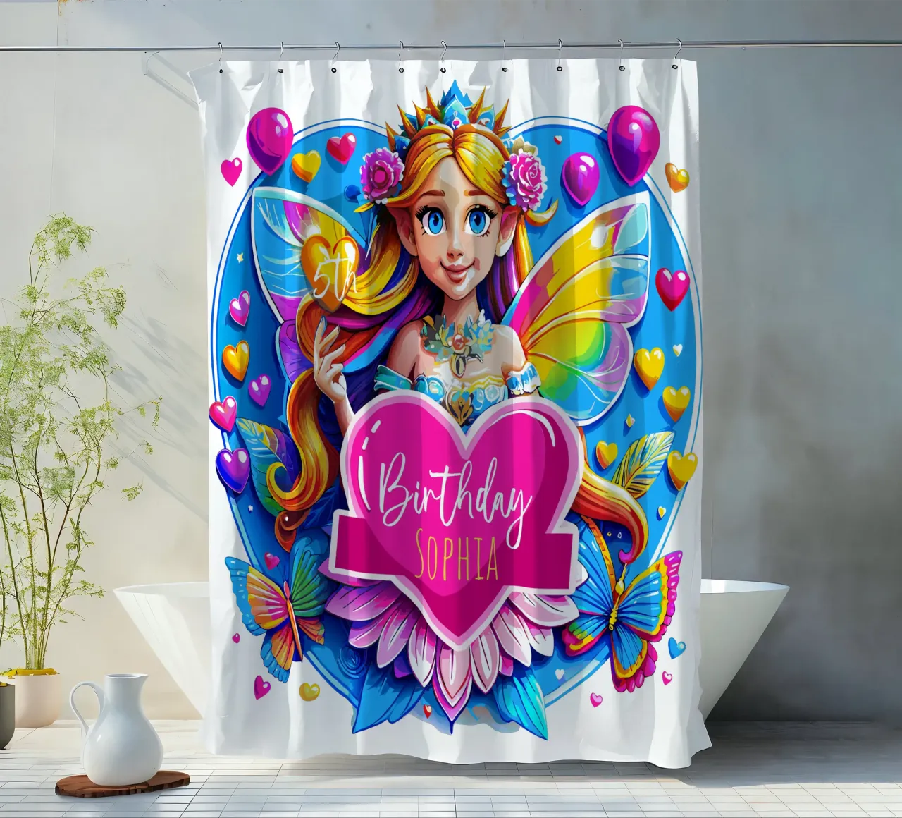 Rainbow Heart Fairy Magic Art - Add Costom Event, Name, Age shower curtain by Artnesia