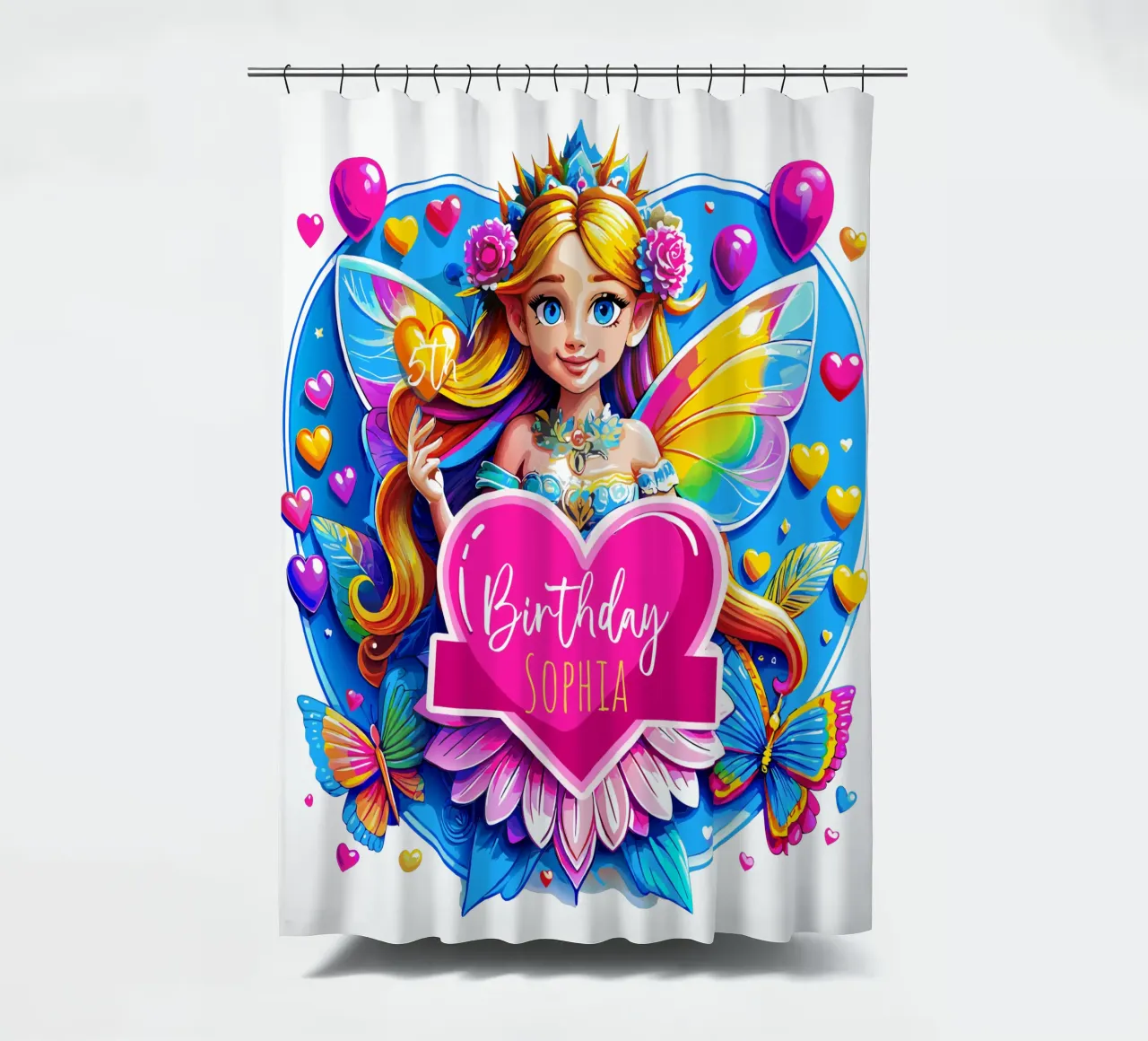 Rainbow Heart Fairy Magic Art - Add Costom Event, Name, Age shower curtain by Artnesia