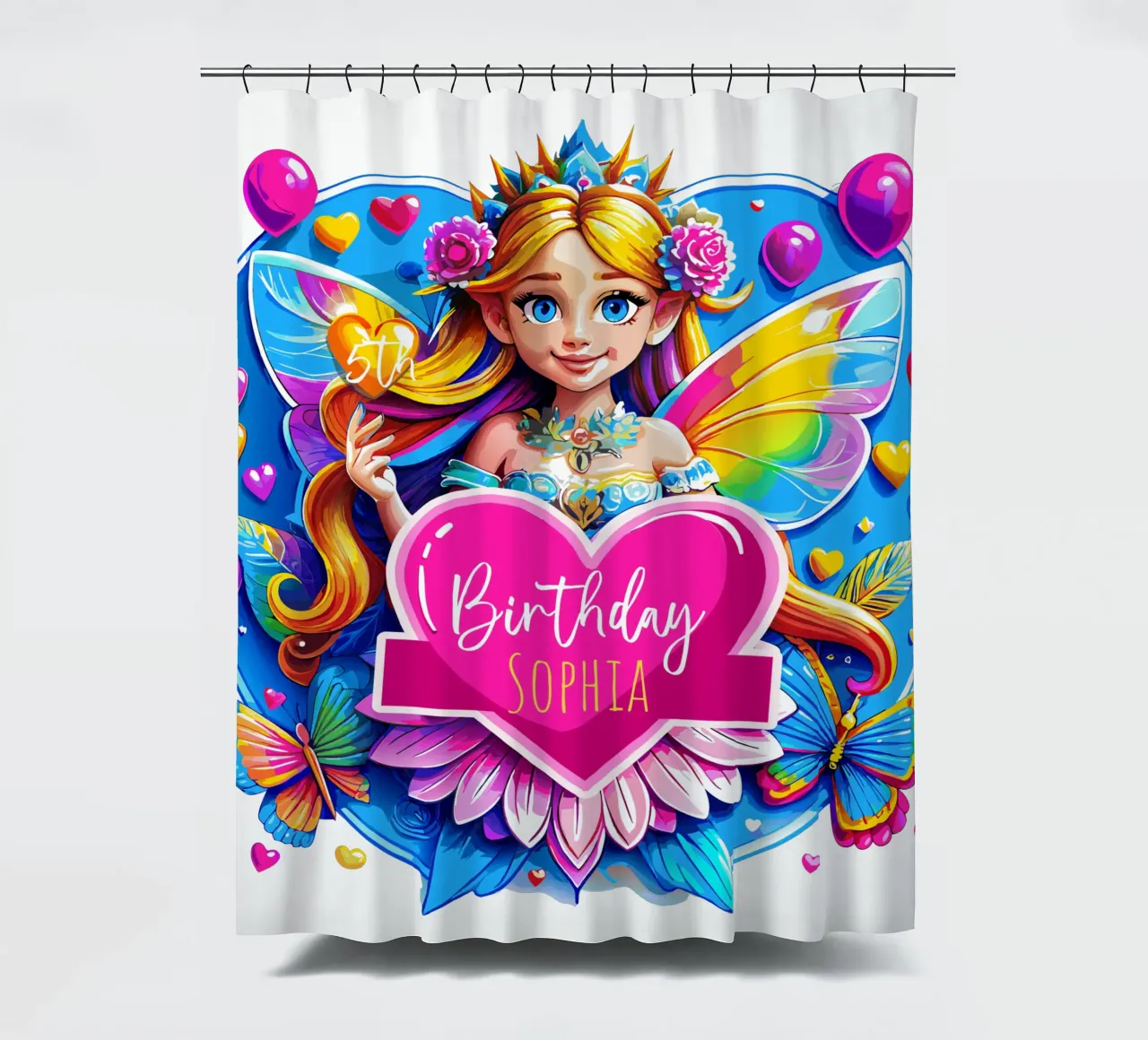 Rainbow Heart Fairy Magic Art - Add Costom Event, Name, Age shower curtain by Artnesia