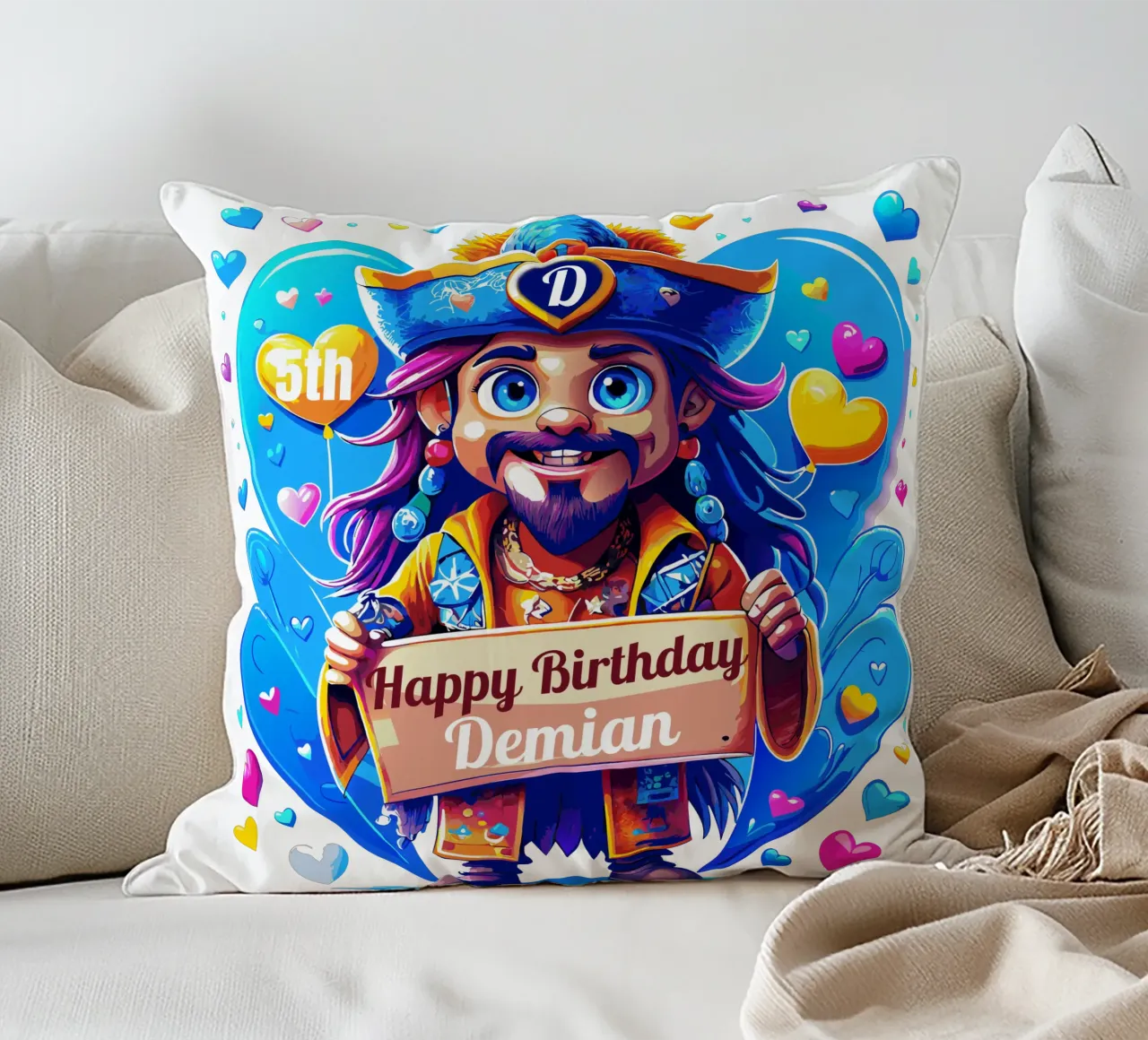 Kids' Pirate Captain Holding a Board Sign - Add Custom Name decorative cushion by Artnesia