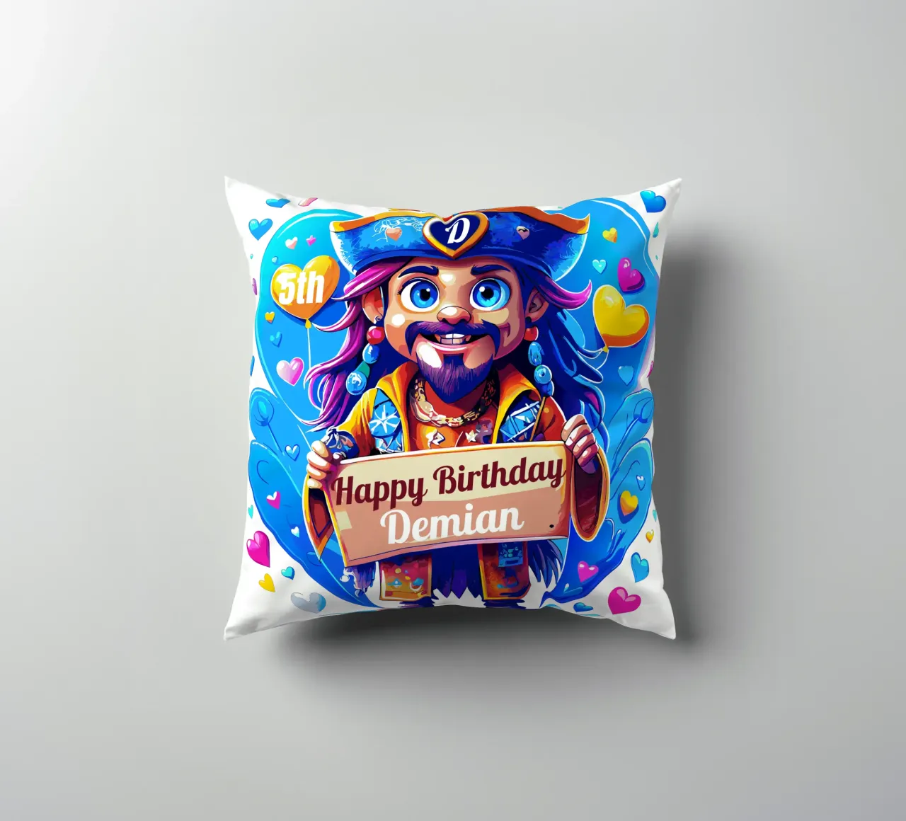 Kids' Pirate Captain Holding a Board Sign - Add Custom Name decorative cushion by Artnesia
