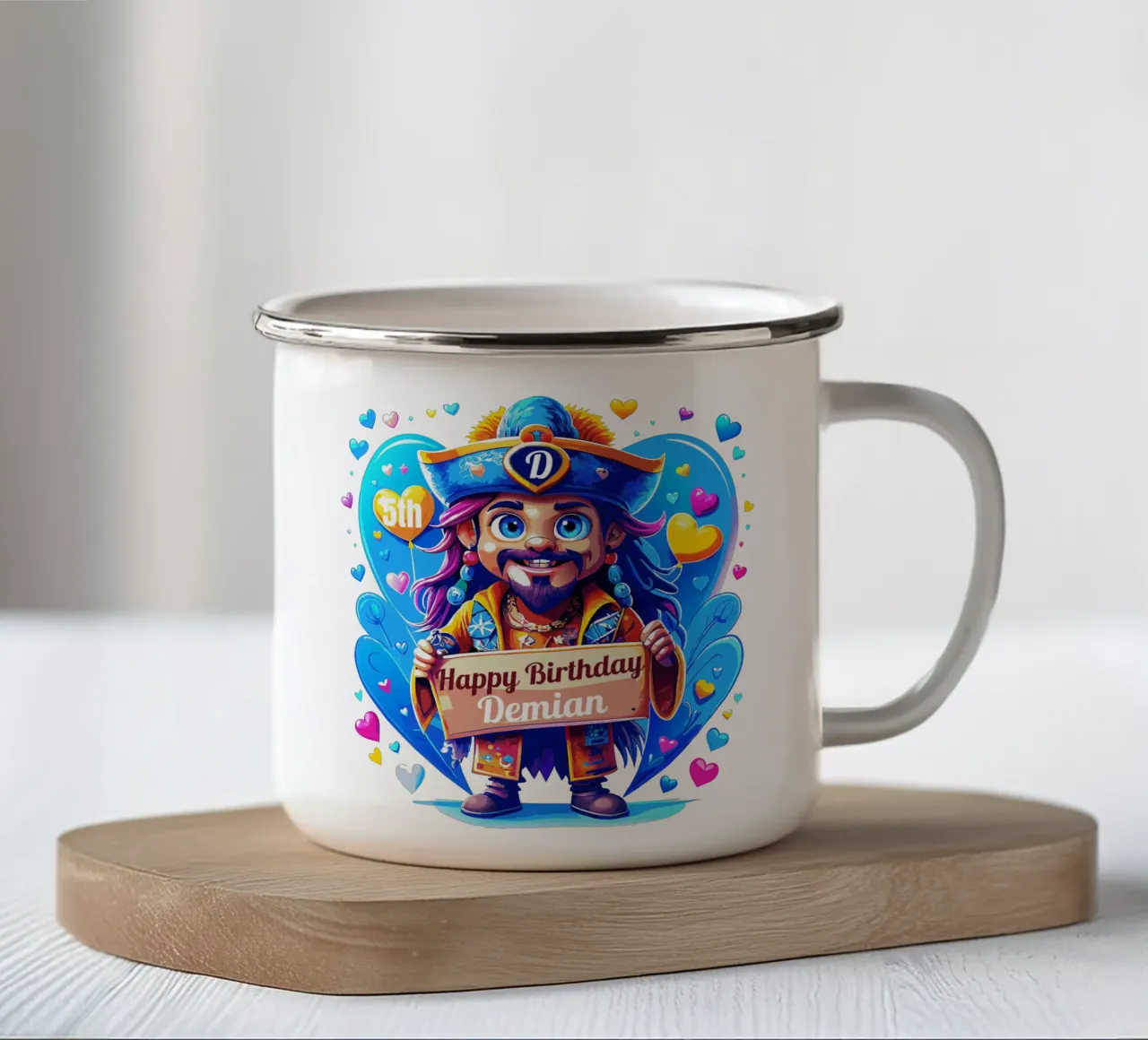 Kids' Pirate Captain Holding a Board Sign - Add Custom Name enamel mug by Artnesia