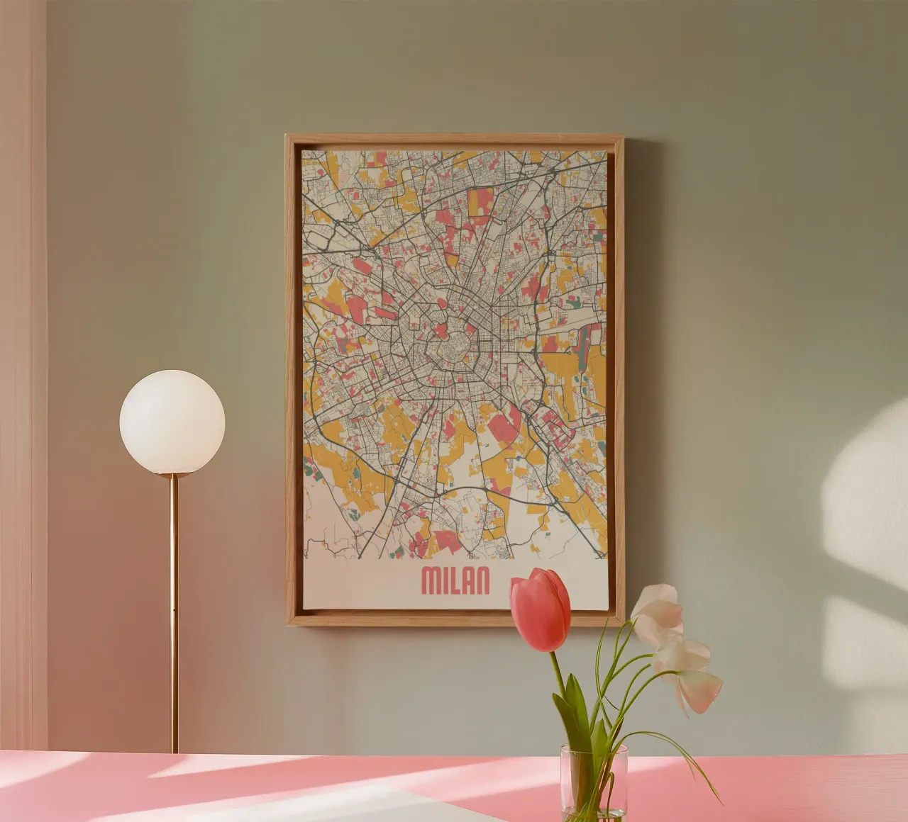Stadsplattegrond van Milaan in moderne pastelkleuren canvas met Baklijst van MOOODZART