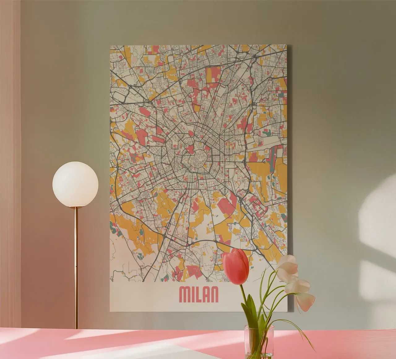 Stadsplattegrond van Milaan in moderne pastelkleuren canvas met Baklijst van MOOODZART