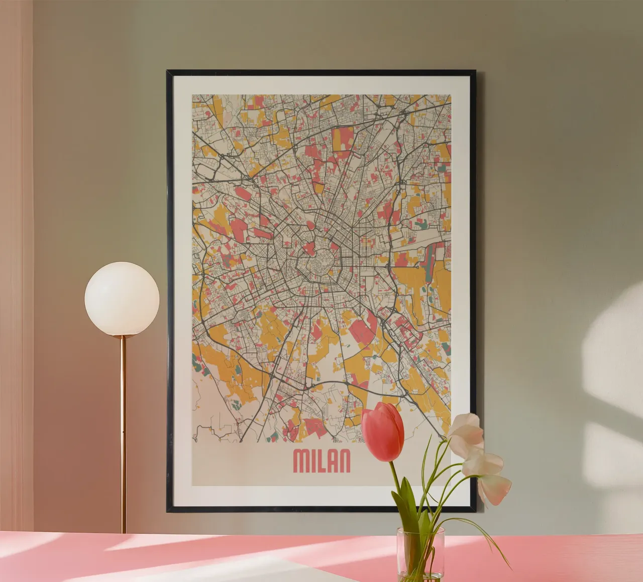 Mappa della città di Milano in moderni colori pastello poster con telaio in plastica da MOOODZART