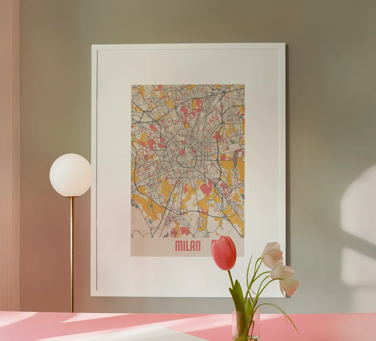 Mappa della città di Milano in moderni colori pastello poster con telaio in plastica da MOOODZART