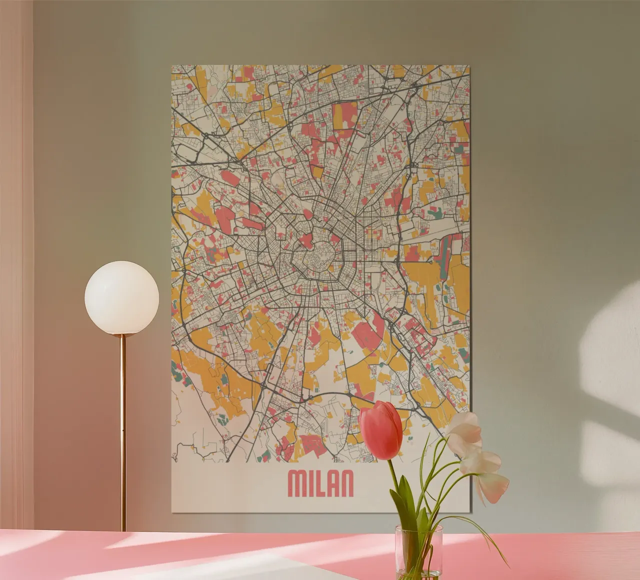 Mappa della città di Milano in moderni colori pastello poster con telaio in plastica da MOOODZART
