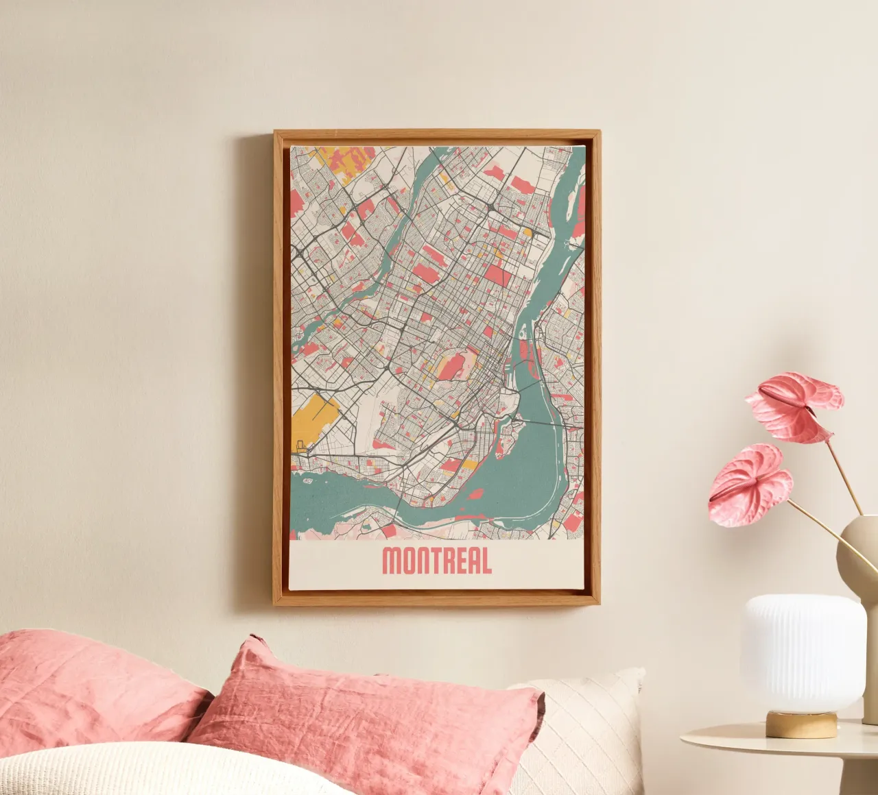 Plattegrond van Montreal in zachte pastelkleuren - Stedelijke flair canvas met Baklijst van MOOODZART