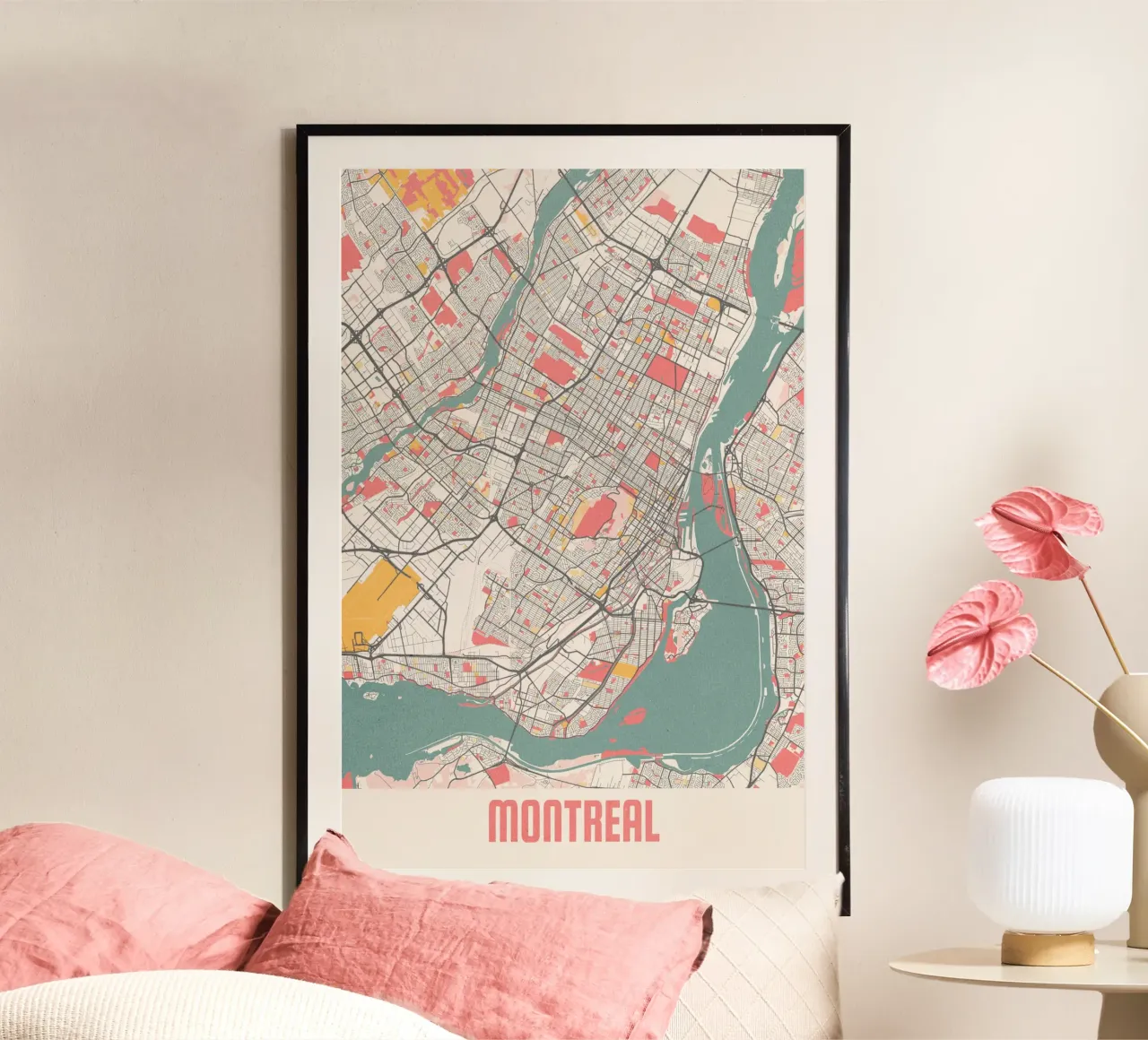 Plattegrond van Montreal in zachte pastelkleuren - Stedelijke flair poster met kunststof frame van MOOODZART