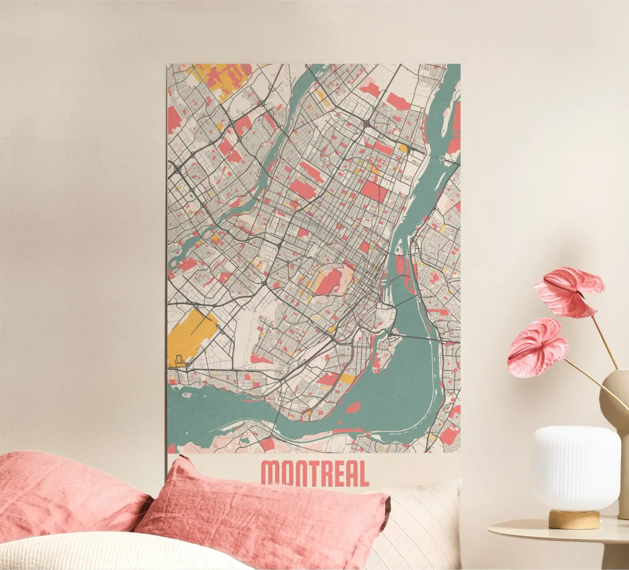 Plattegrond van Montreal in zachte pastelkleuren - Stedelijke flair poster met kunststof frame van MOOODZART