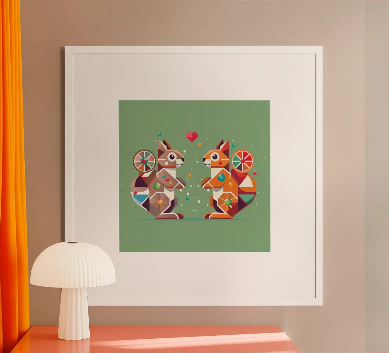 zwei Geometrische Eichhörnchen - Ein farbenfroher Hingucker poster con telaio in legno da namosh