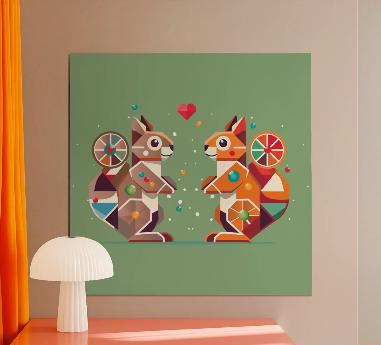 zwei Geometrische Eichhörnchen - Ein farbenfroher Hingucker poster con telaio in legno da namosh