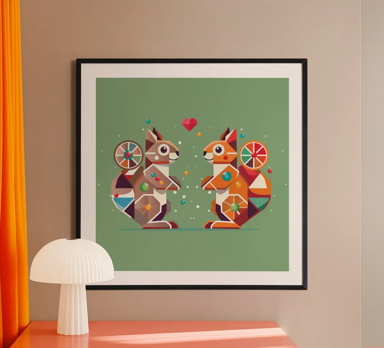 zwei Geometrische Eichhörnchen - Ein farbenfroher Hingucker poster con telaio in legno da namosh