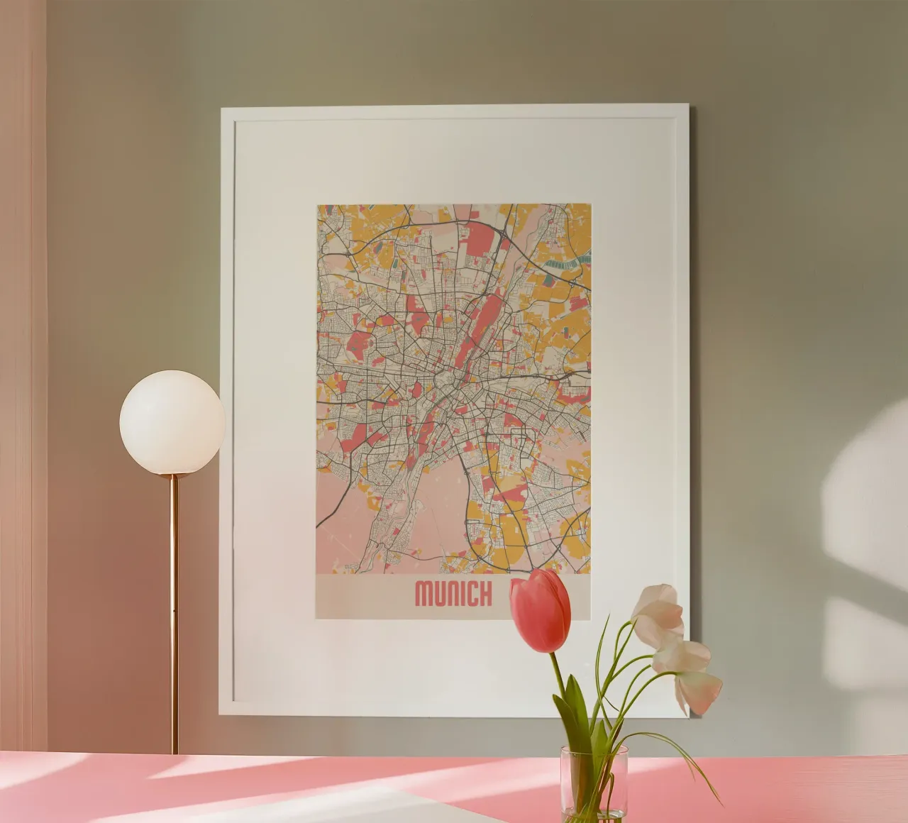 Mappa della città di Monaco di Baviera - Design creativo in morbidi colori pastello poster con telaio in plastica da MOOODZART