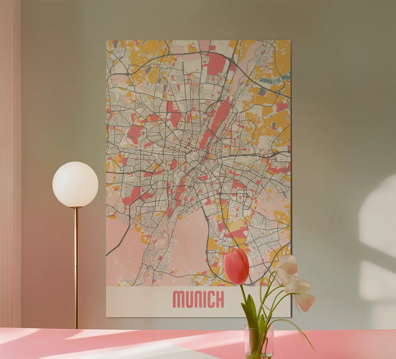 Mappa della città di Monaco di Baviera - Design creativo in morbidi colori pastello poster con telaio in plastica da MOOODZART