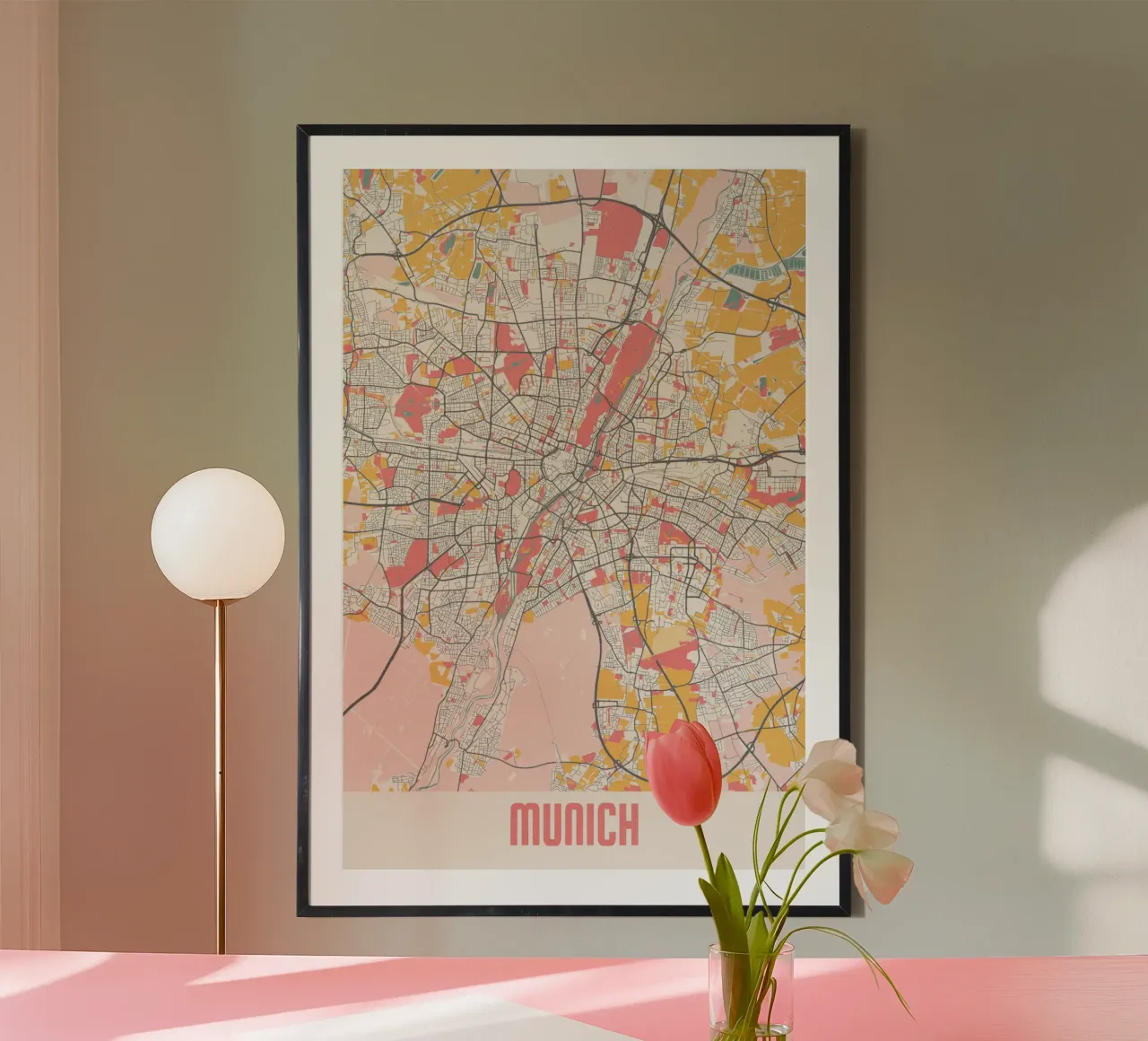 Mappa della città di Monaco di Baviera - Design creativo in morbidi colori pastello poster con telaio in plastica da MOOODZART