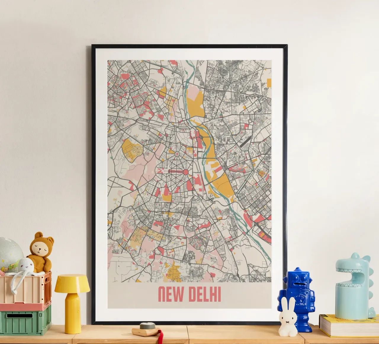 Mappa della città di Nuova Delhi - Design elegante in colori pastello poster con telaio in legno da MOOODZART