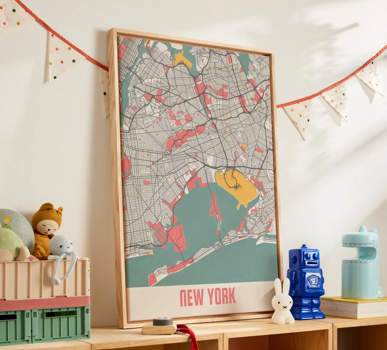 Mappa della città di New York - Design moderno in colori pastello tela con Cornice a cassetta da MOOODZART