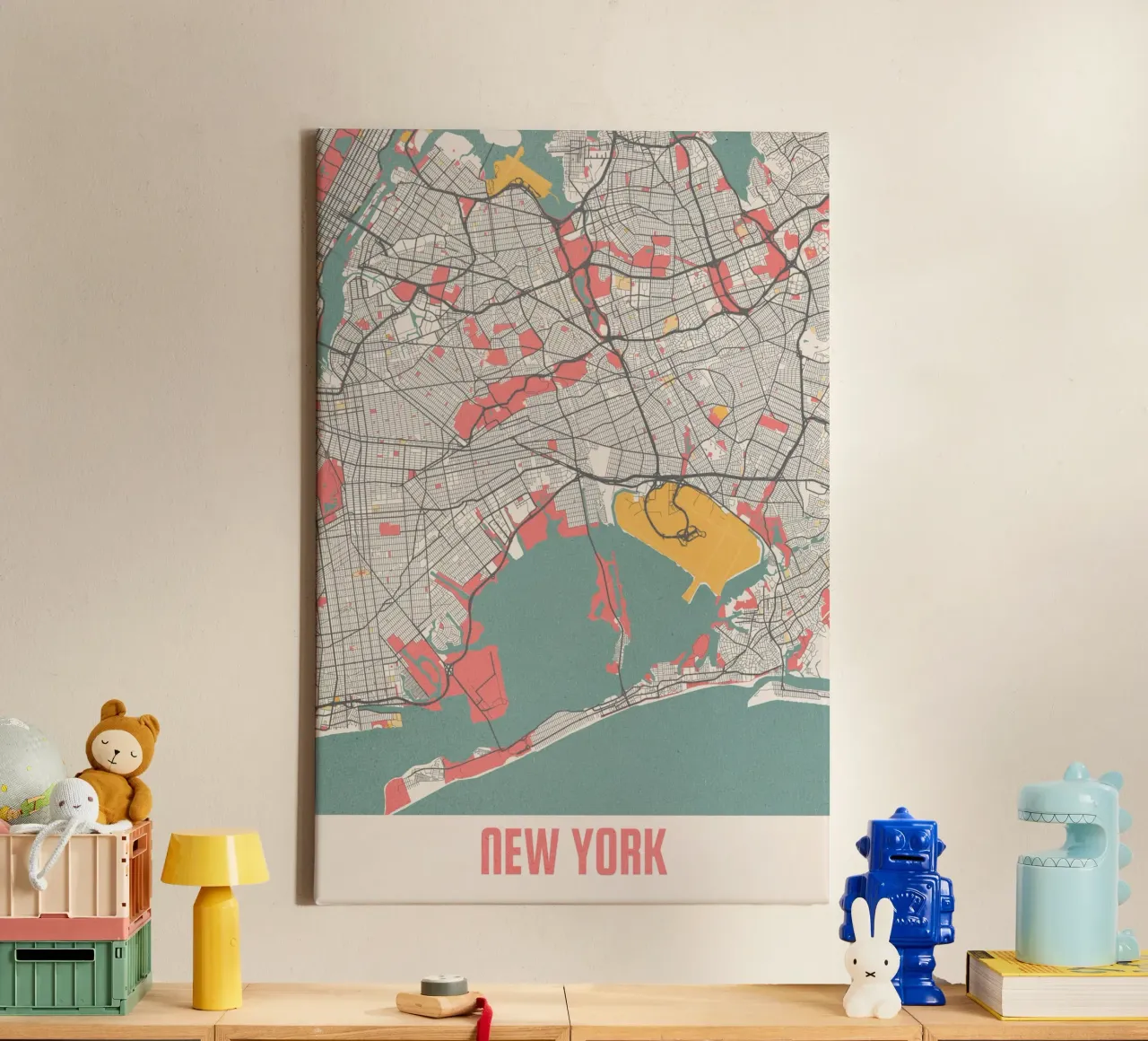 Mappa della città di New York - Design moderno in colori pastello tela con Cornice a cassetta da MOOODZART