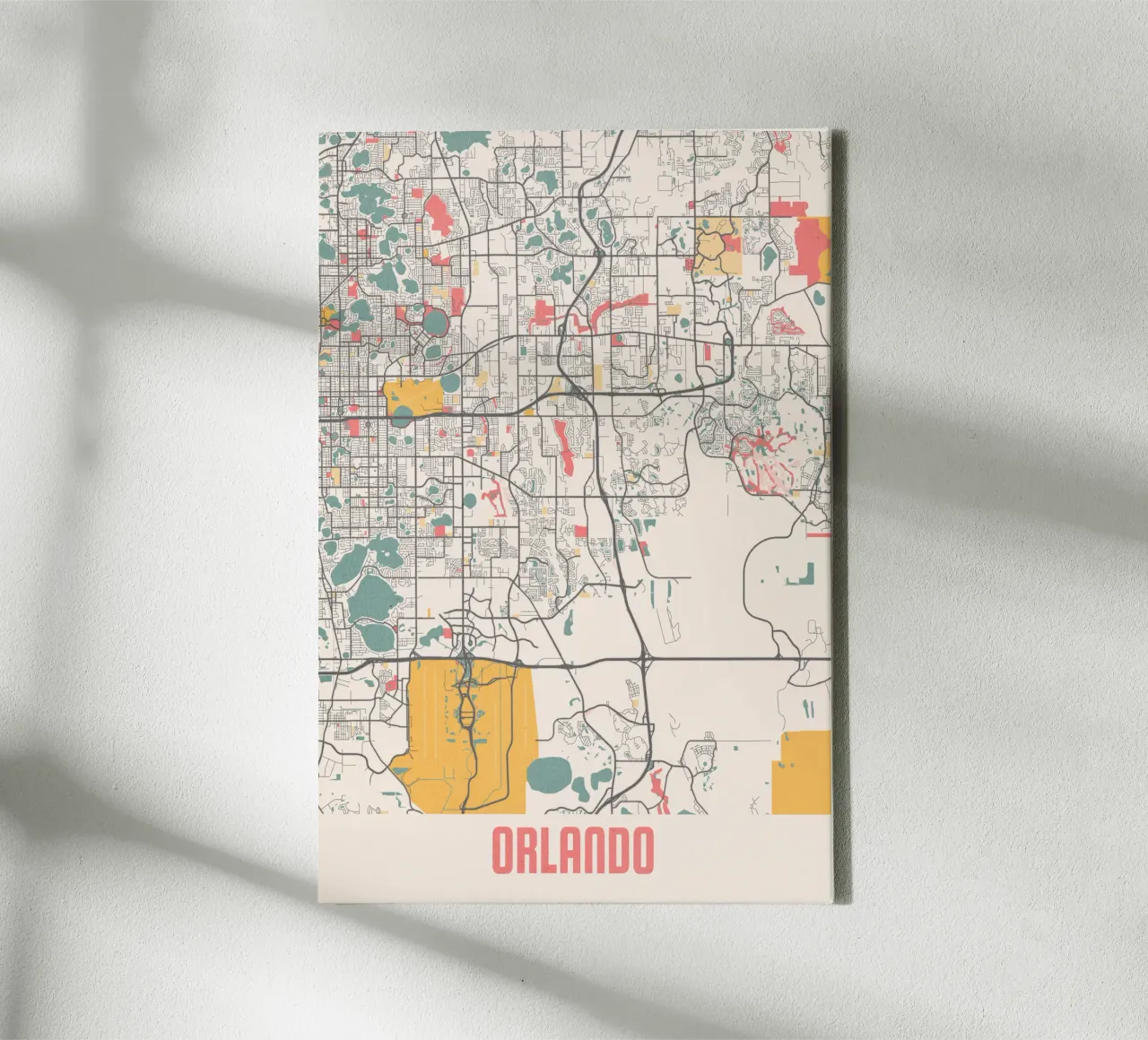Orlando stadsplattegrond - Stijlvol ontwerp in zachte pastelkleuren canvas met Baklijst van MOOODZART