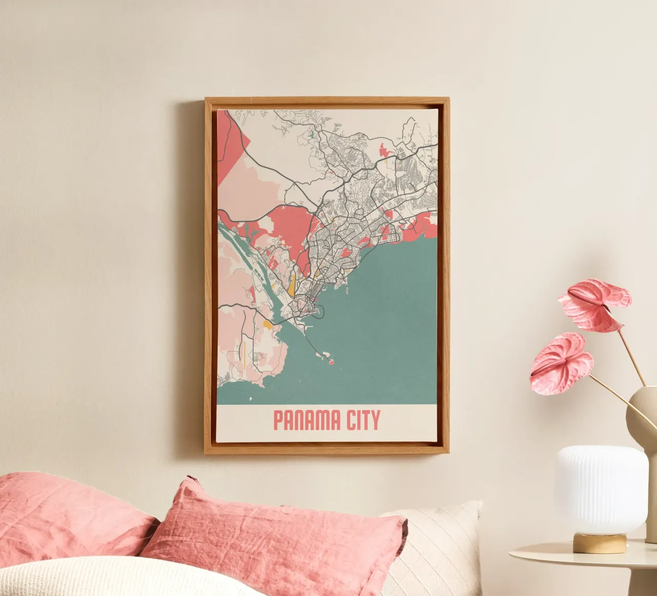 Plattegrond Panama City - Stijlvol ontwerp in zachte kleuren canvas met Baklijst van MOOODZART