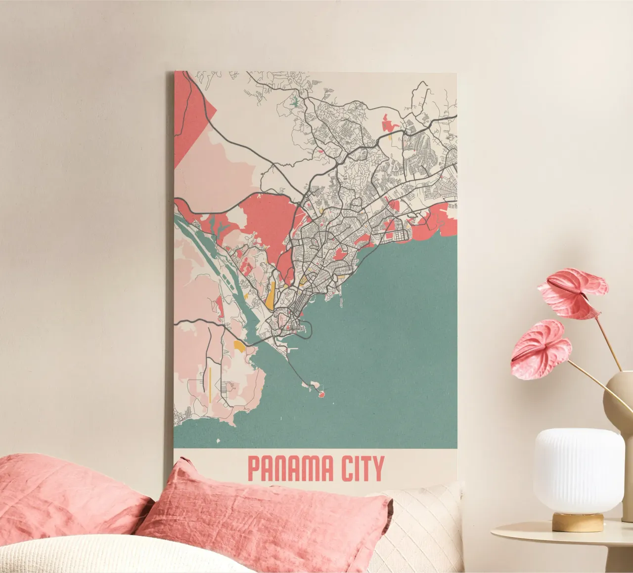 Plattegrond Panama City - Stijlvol ontwerp in zachte kleuren canvas met Baklijst van MOOODZART