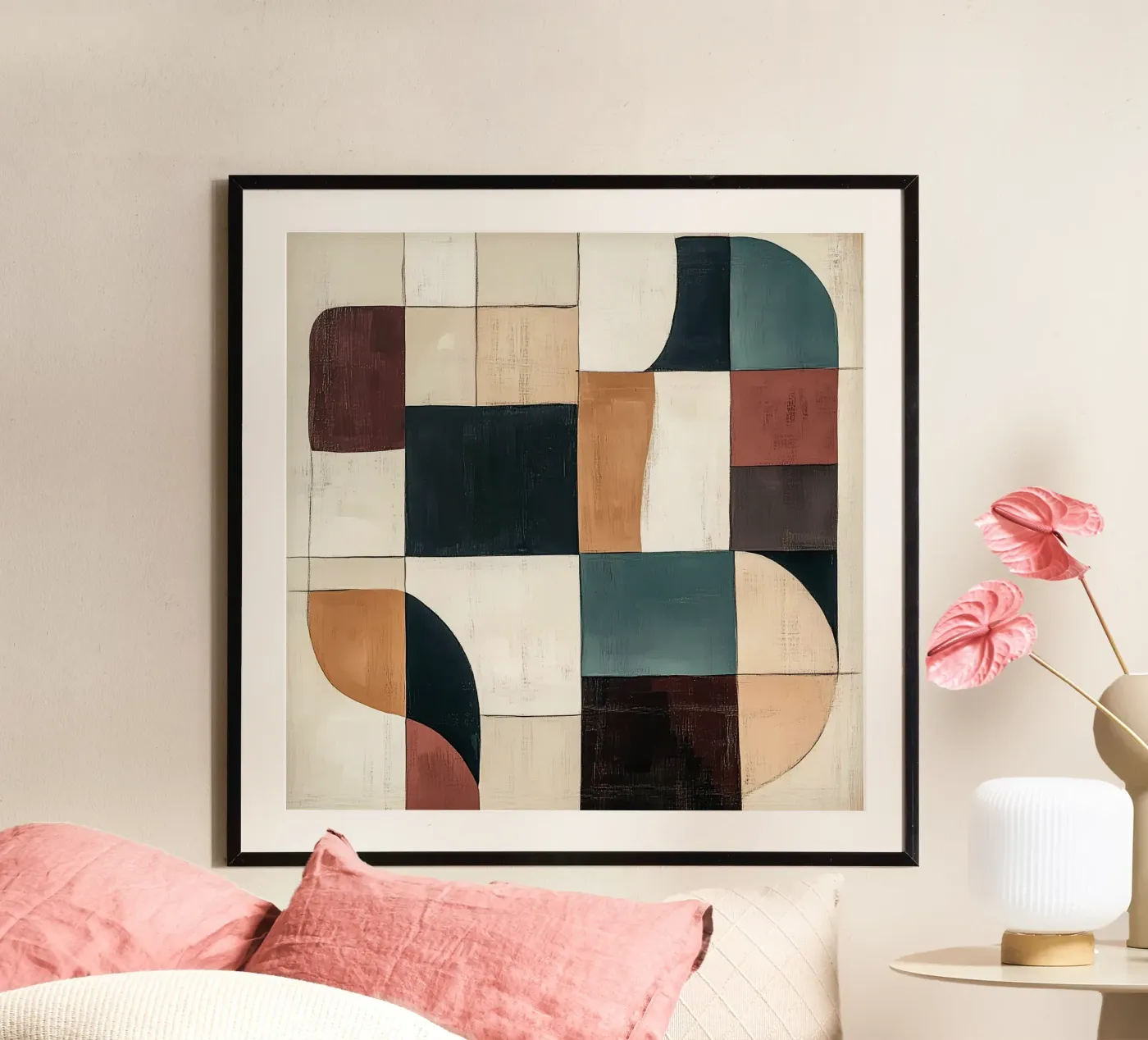Geometric Patchwork in Earth Tones poster van Hugo