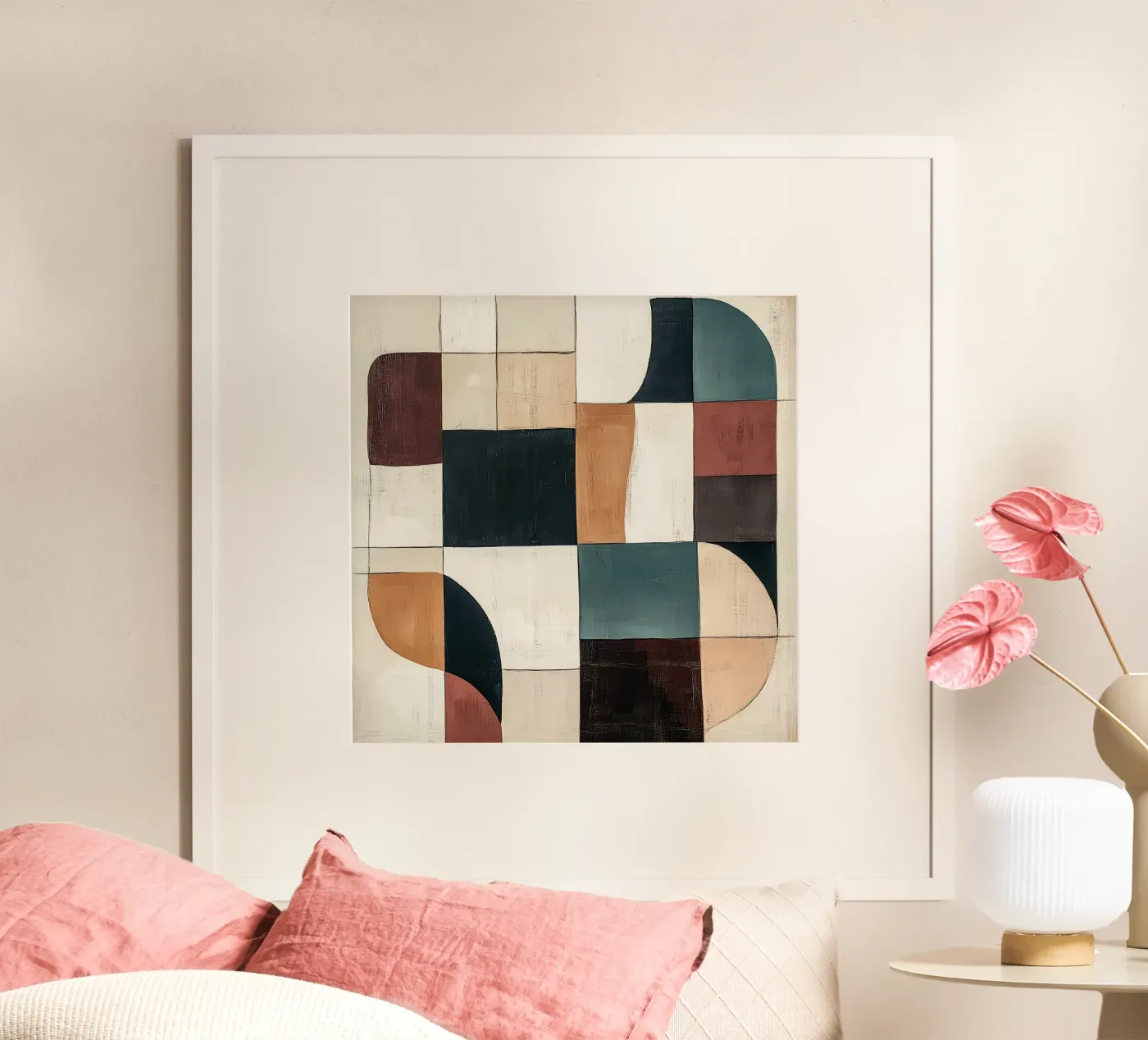 Geometric Patchwork in Earth Tones poster van Hugo