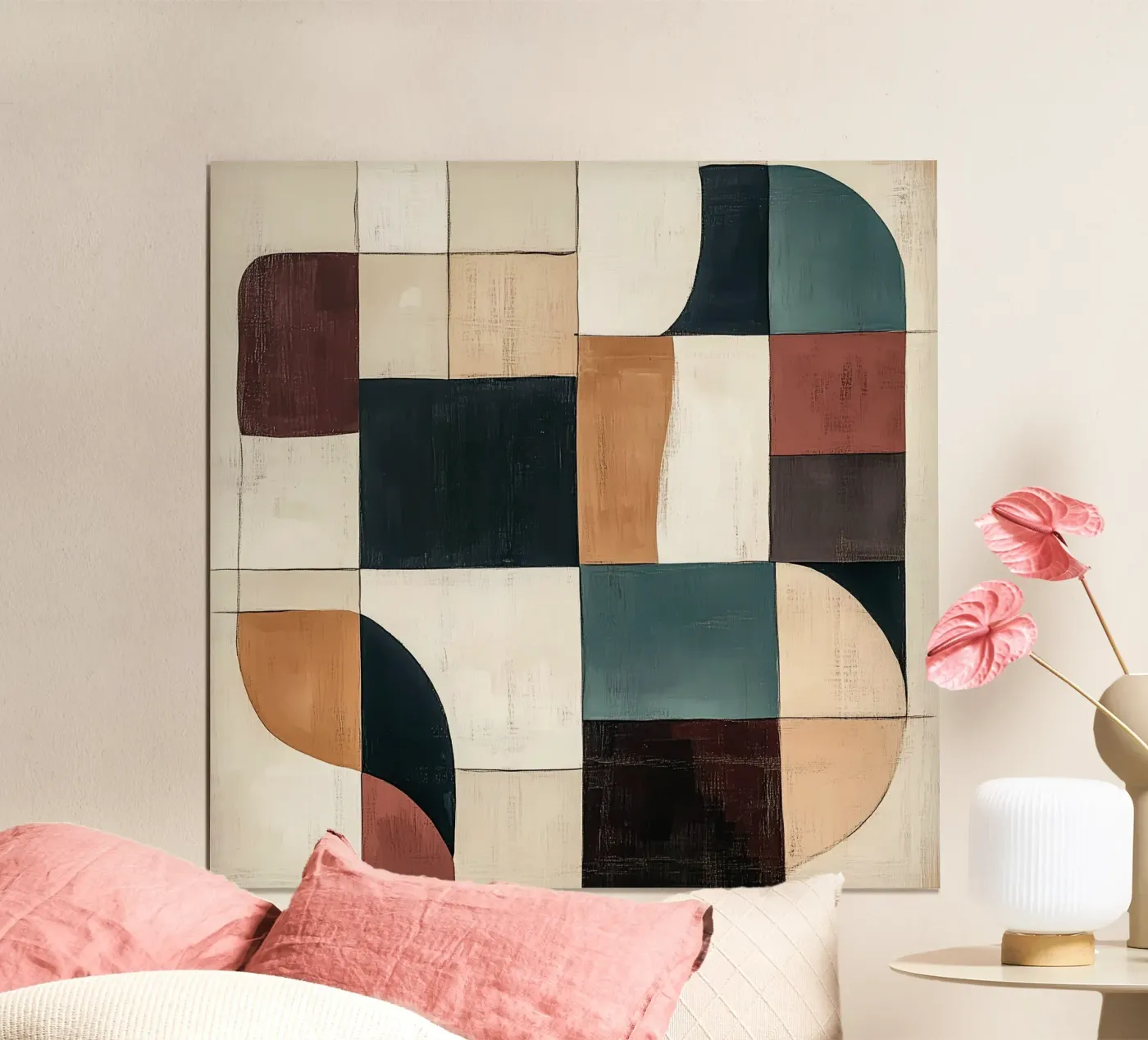 Geometric Patchwork in Earth Tones poster van Hugo