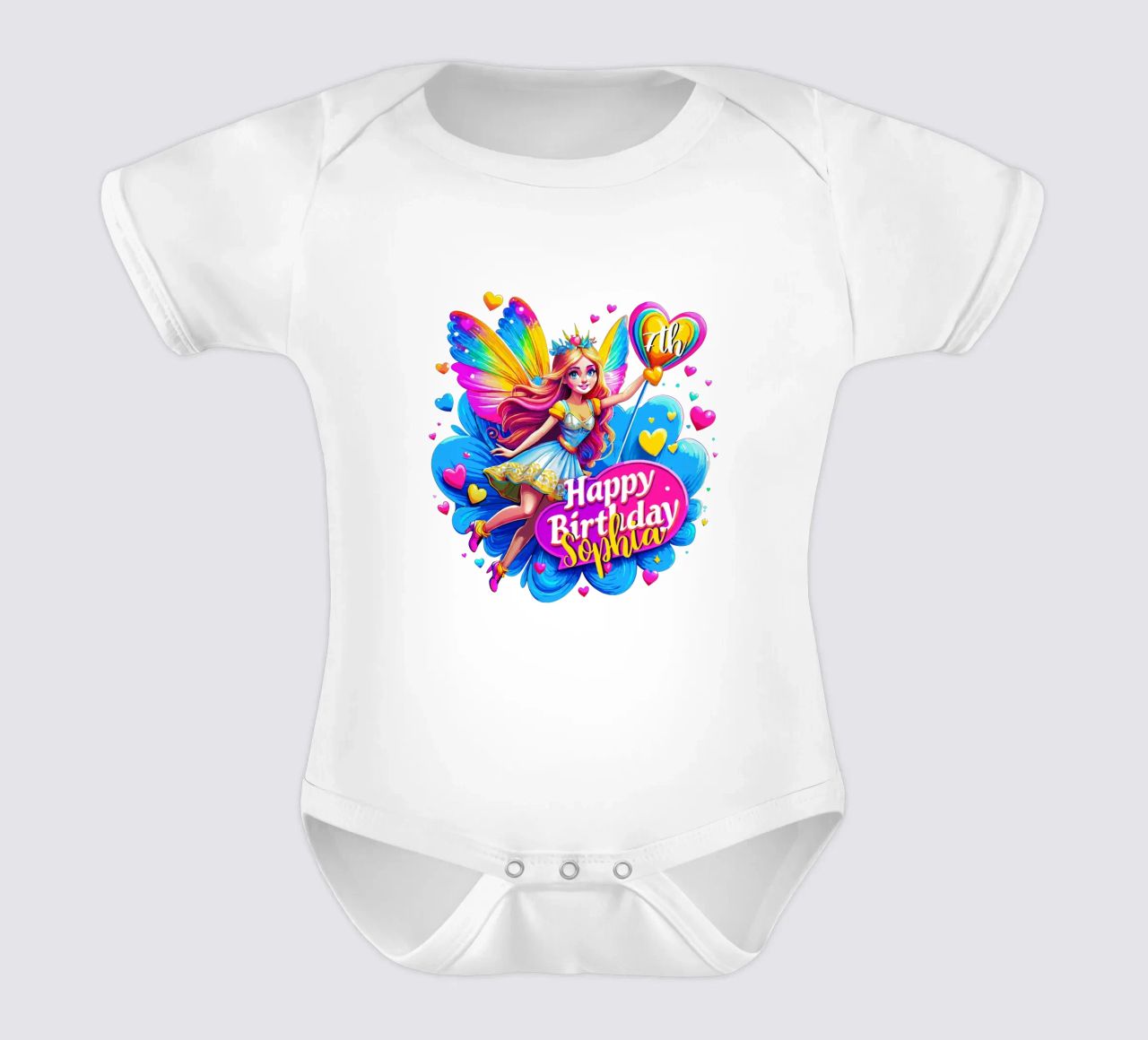 Rainbow Fairy Birthday Celebration, Custom Name and Age short-sleeve baby romper by Artnesia
