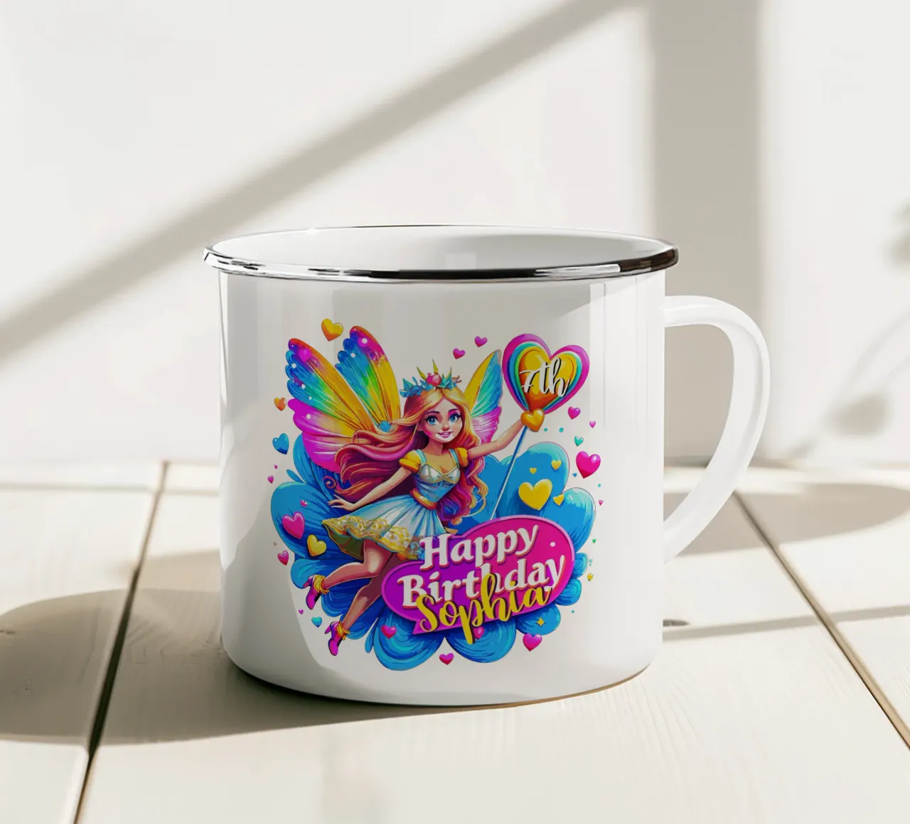 Verjaardagsfeest Regenboog Fee, aangepaste naam en leeftijd emaille mok van Artnesia