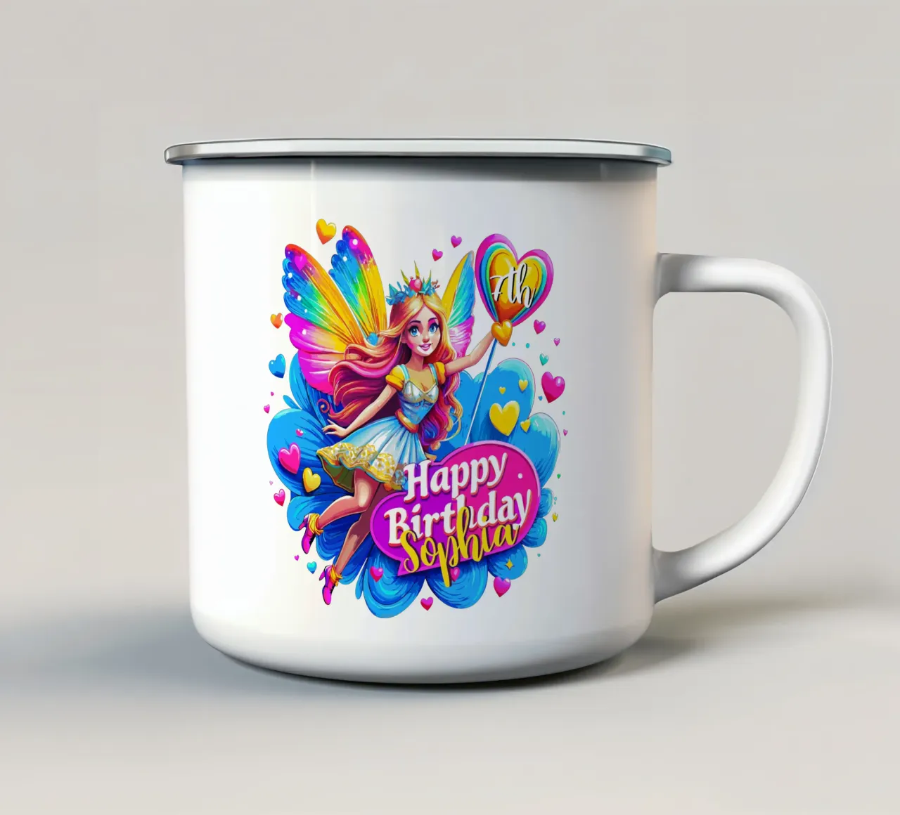 Verjaardagsfeest Regenboog Fee, aangepaste naam en leeftijd emaille mok van Artnesia