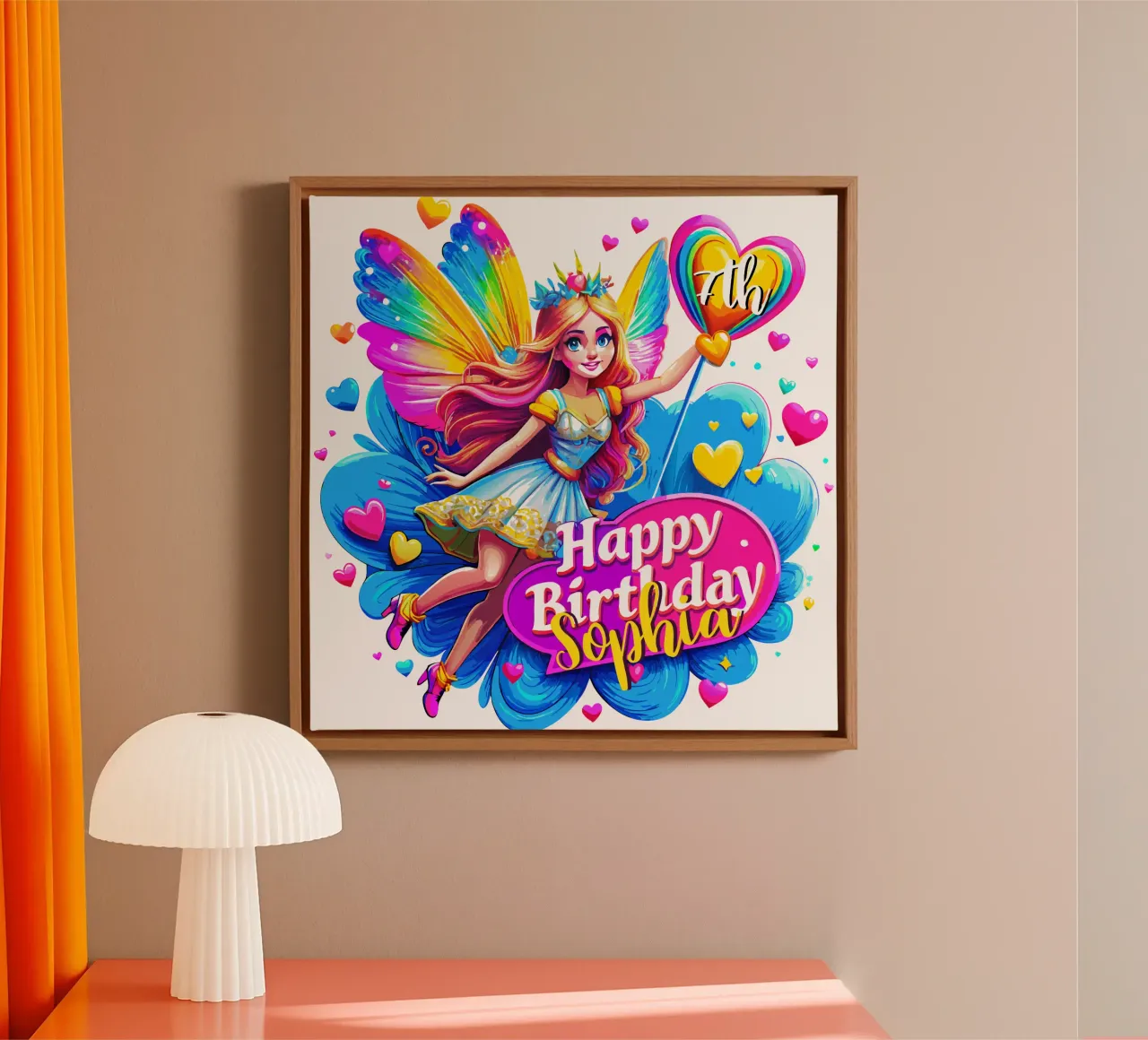 Verjaardagsfeest Regenboog Fee, aangepaste naam en leeftijd canvas met Baklijst van Artnesia