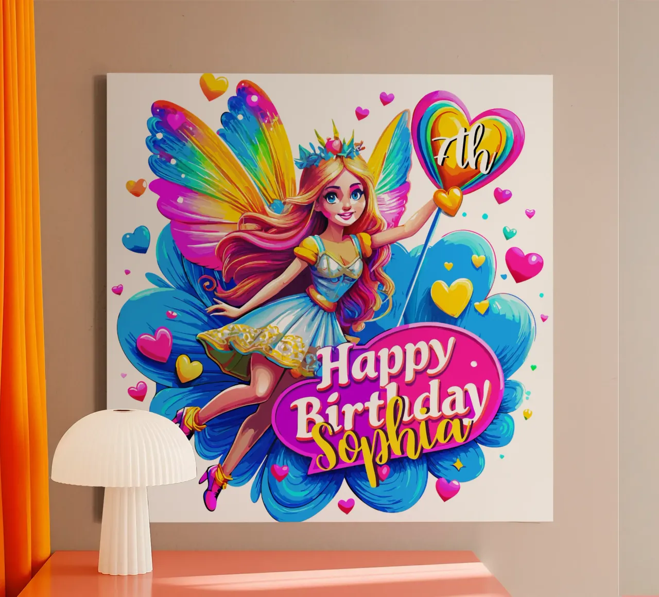 Verjaardagsfeest Regenboog Fee, aangepaste naam en leeftijd canvas met Baklijst van Artnesia