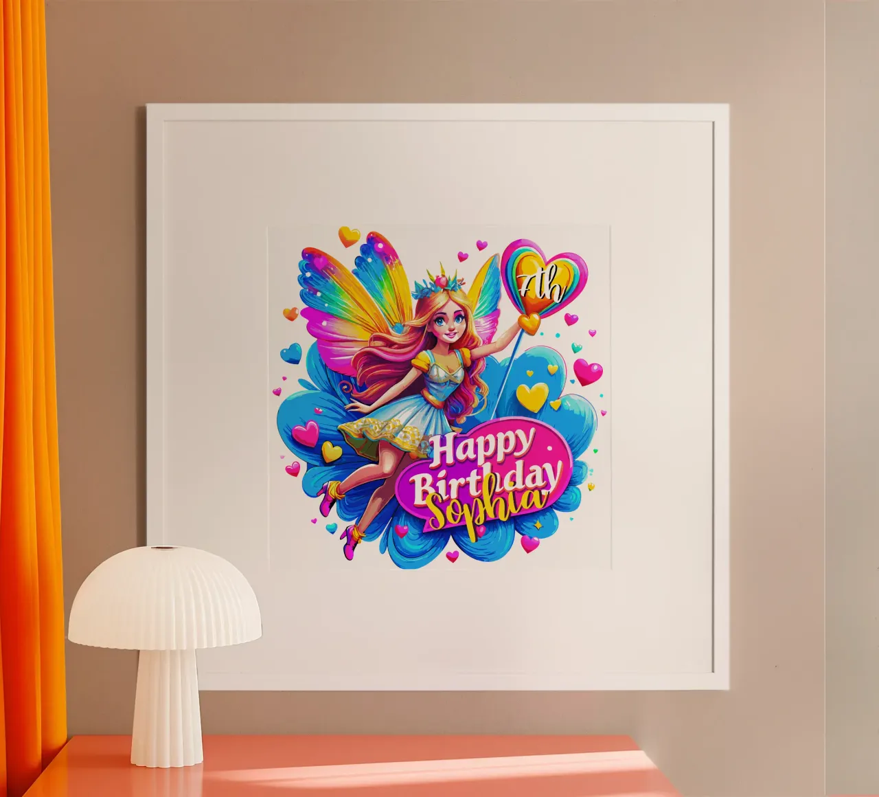 Verjaardagsfeest Regenboog Fee, aangepaste naam en leeftijd poster met houten frame van Artnesia
