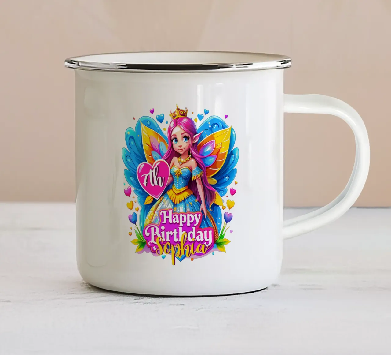 Festa di compleanno della Principessa Fata - Nome ed età personalizzati tazza in smalto da Artnesia