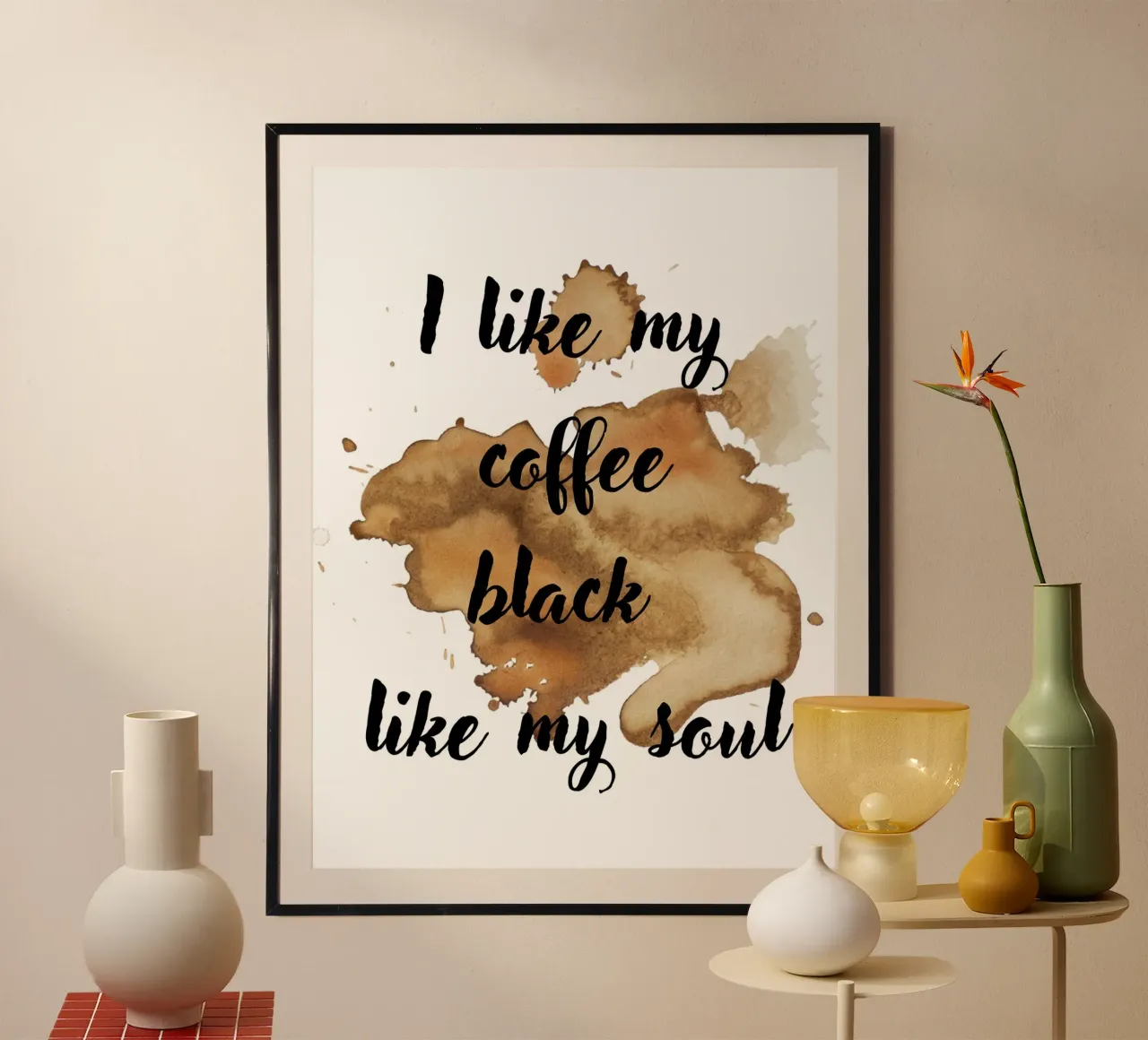 Il caffè mi piace nero come la mia anima poster con telaio in alluminio da ArtDesign by KBK