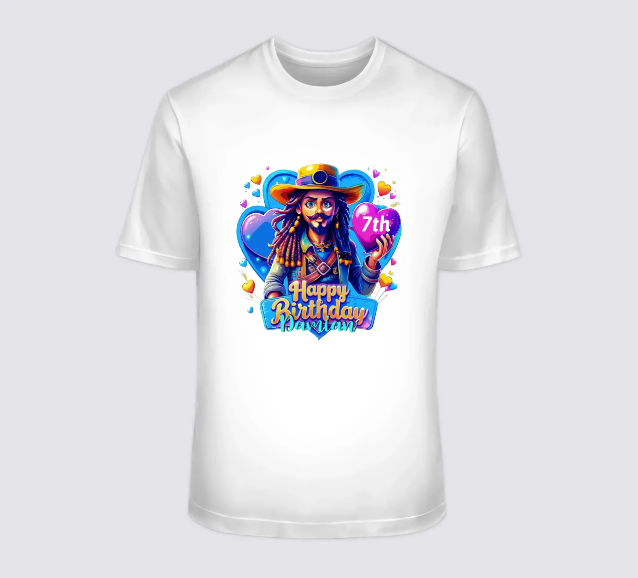 Pirate Birthday Holding Heart Balloon, Custom Name and Age t-shirt by Artnesia