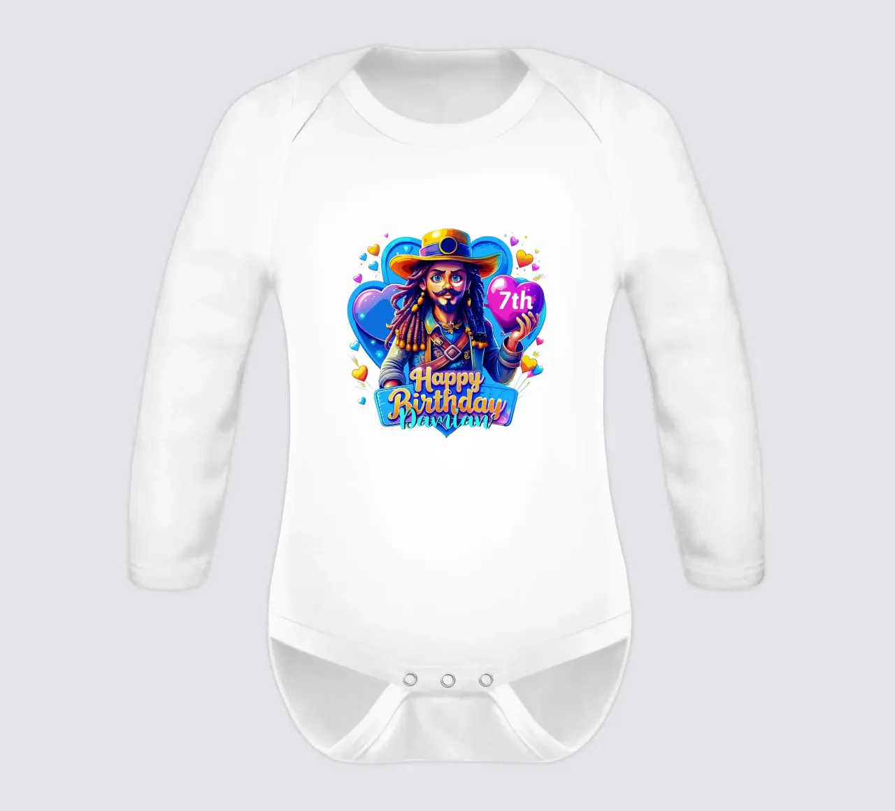 Pirate Birthday Holding Heart Balloon, Custom Name and Age long-sleeve baby romper by Artnesia