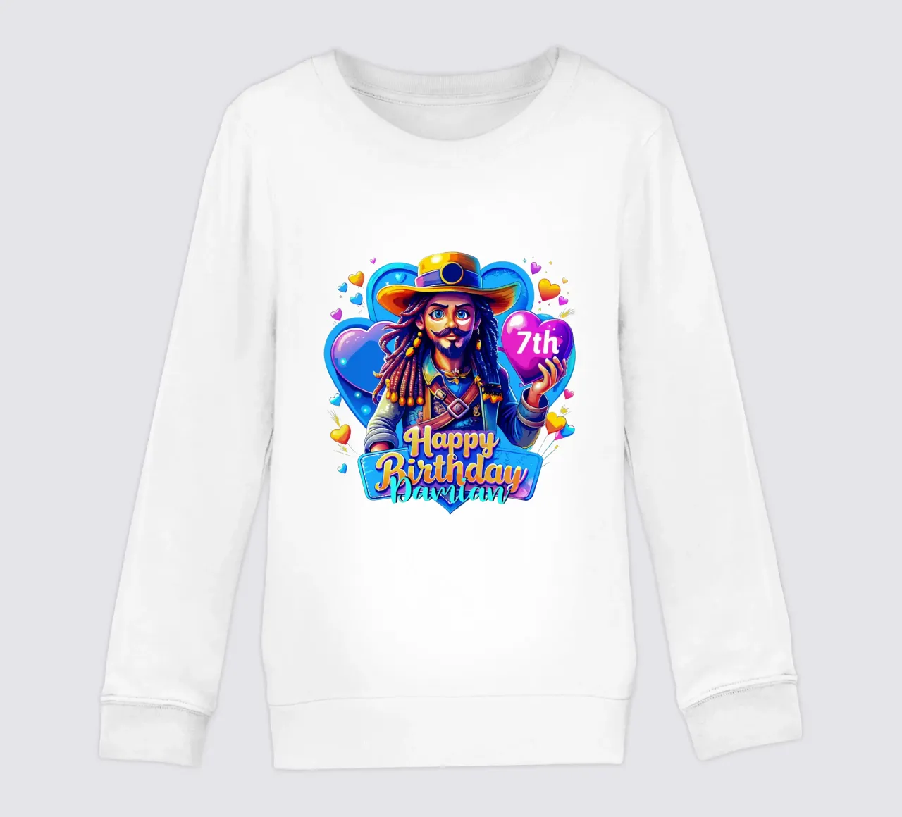 Pirate Birthday Holding Heart Balloon, Custom Name and Age kids sweatshirt by Artnesia