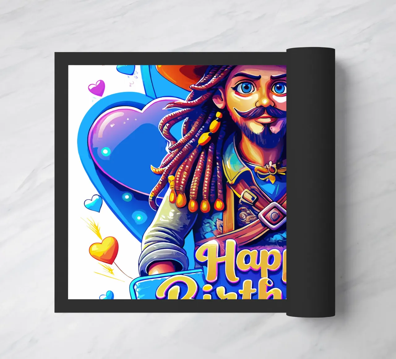 Pirate Birthday Holding Heart Balloon, Custom Name and Age doormat by Artnesia