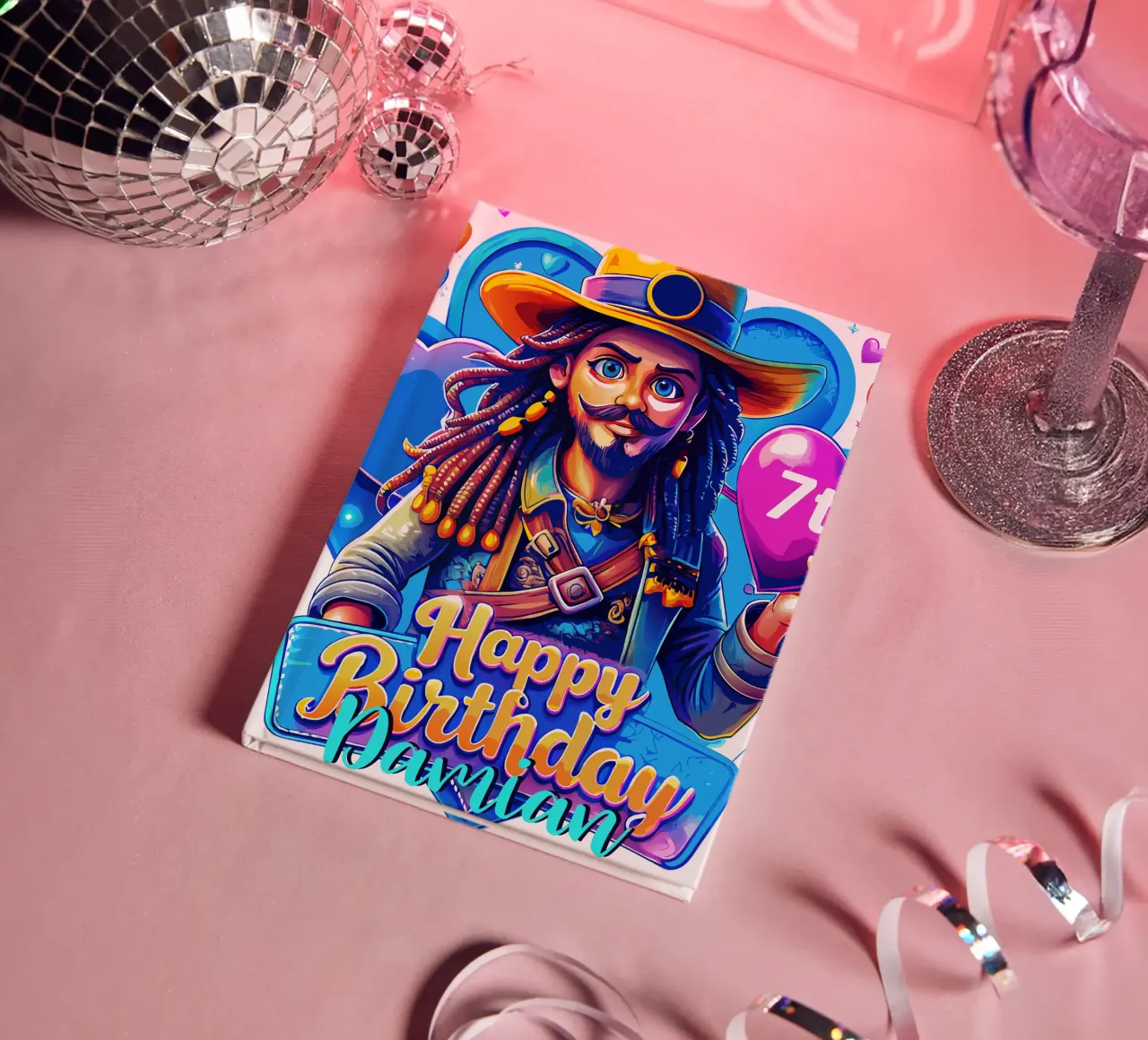 Pirate Birthday Holding Heart Balloon, Custom Name and Age notebook by Artnesia
