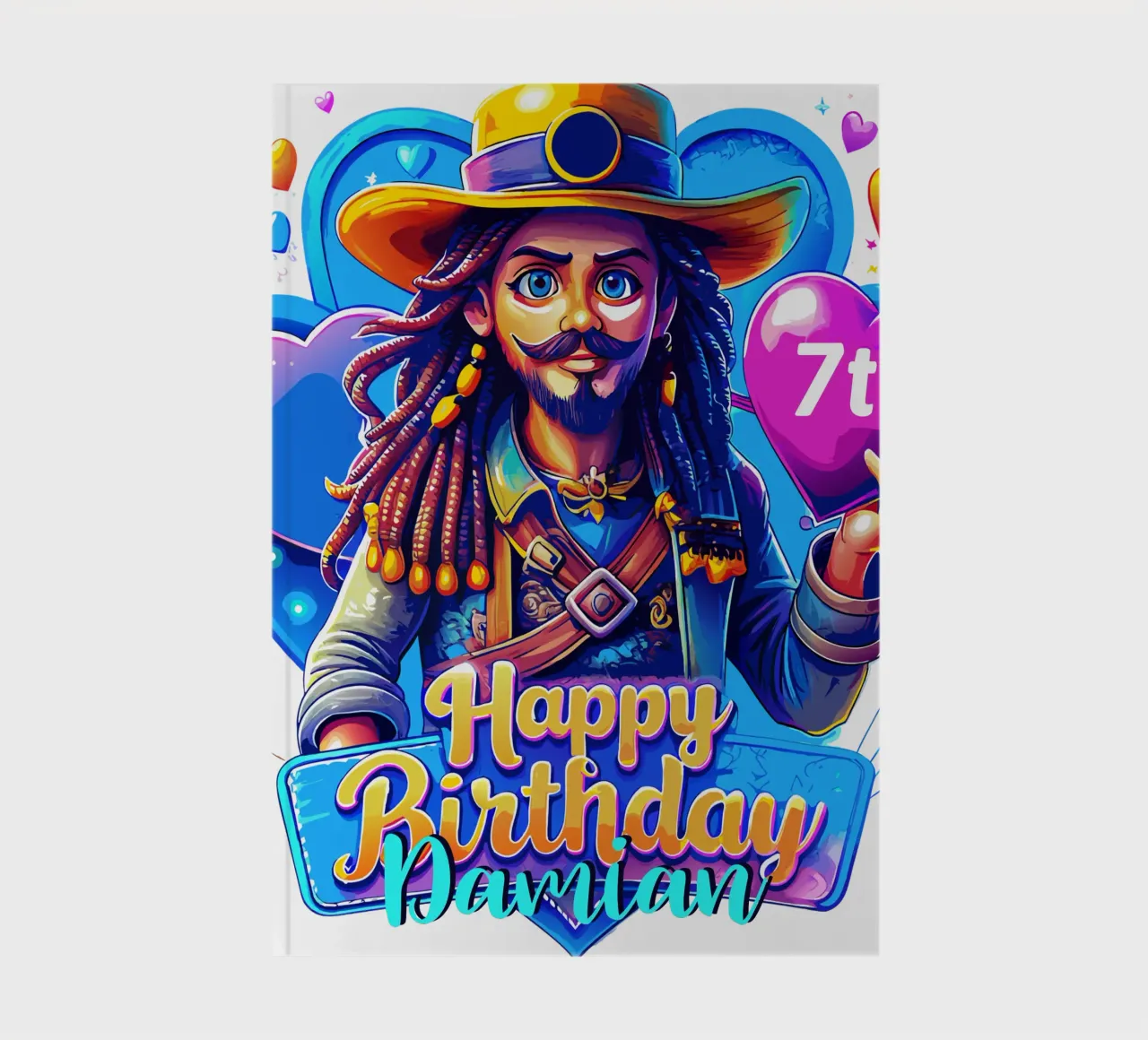 Pirate Birthday Holding Heart Balloon, Custom Name and Age notebook by Artnesia