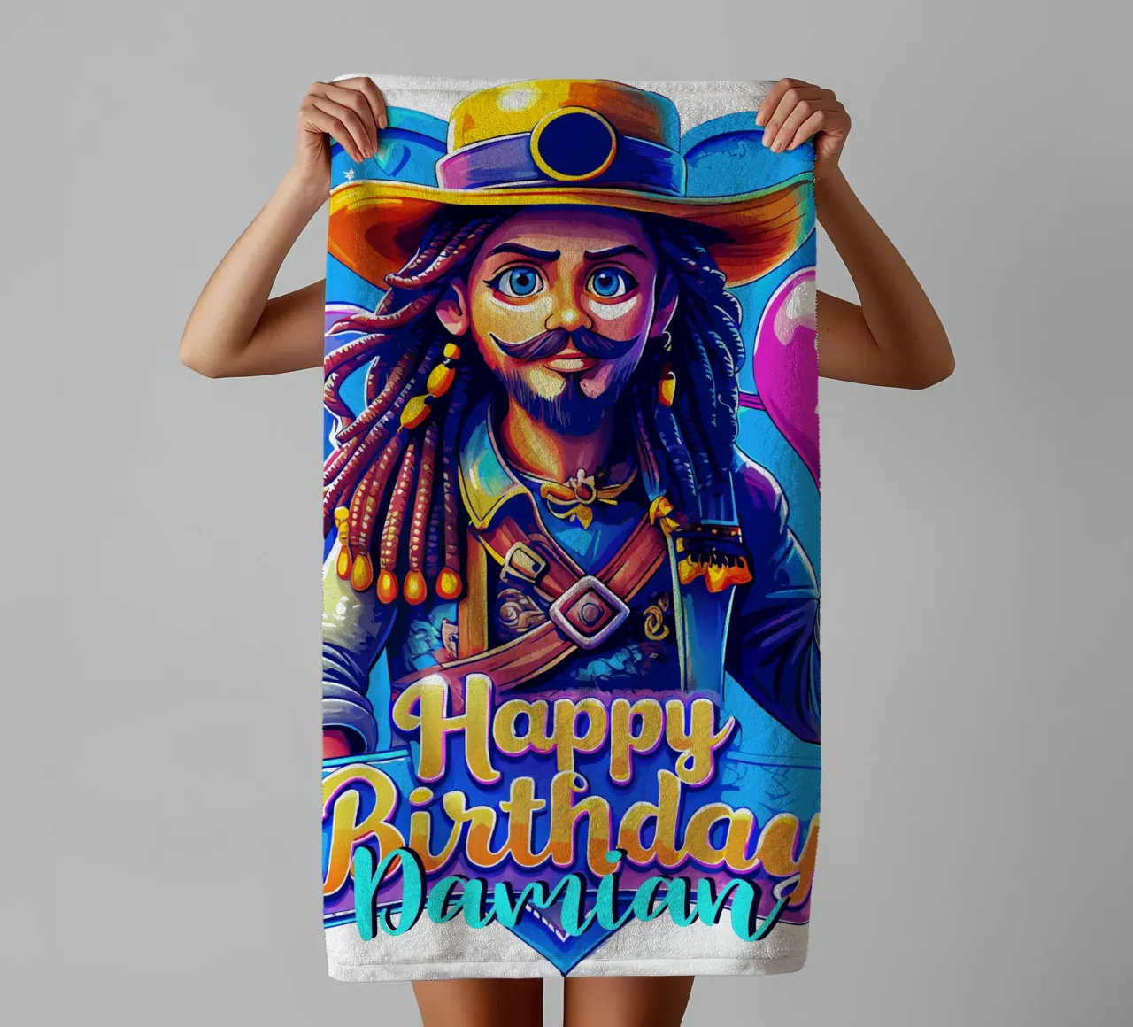 Pirate Birthday Holding Heart Balloon, Custom Name and Age towel by Artnesia