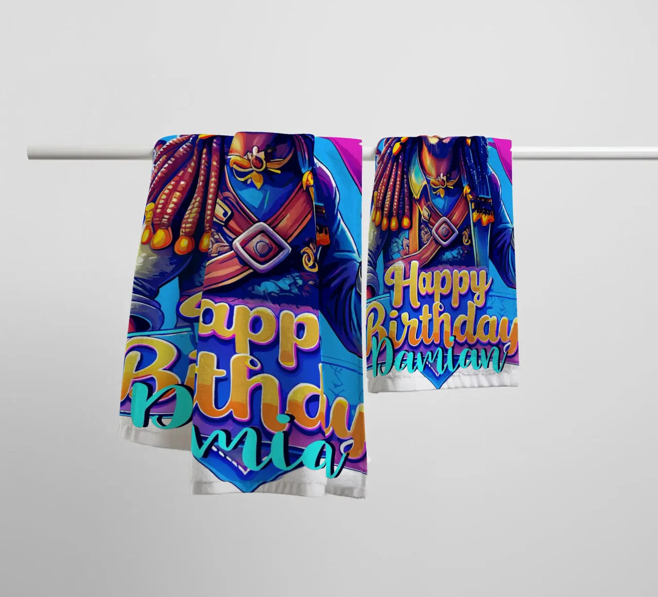 Pirate Birthday Holding Heart Balloon, Custom Name and Age towel by Artnesia
