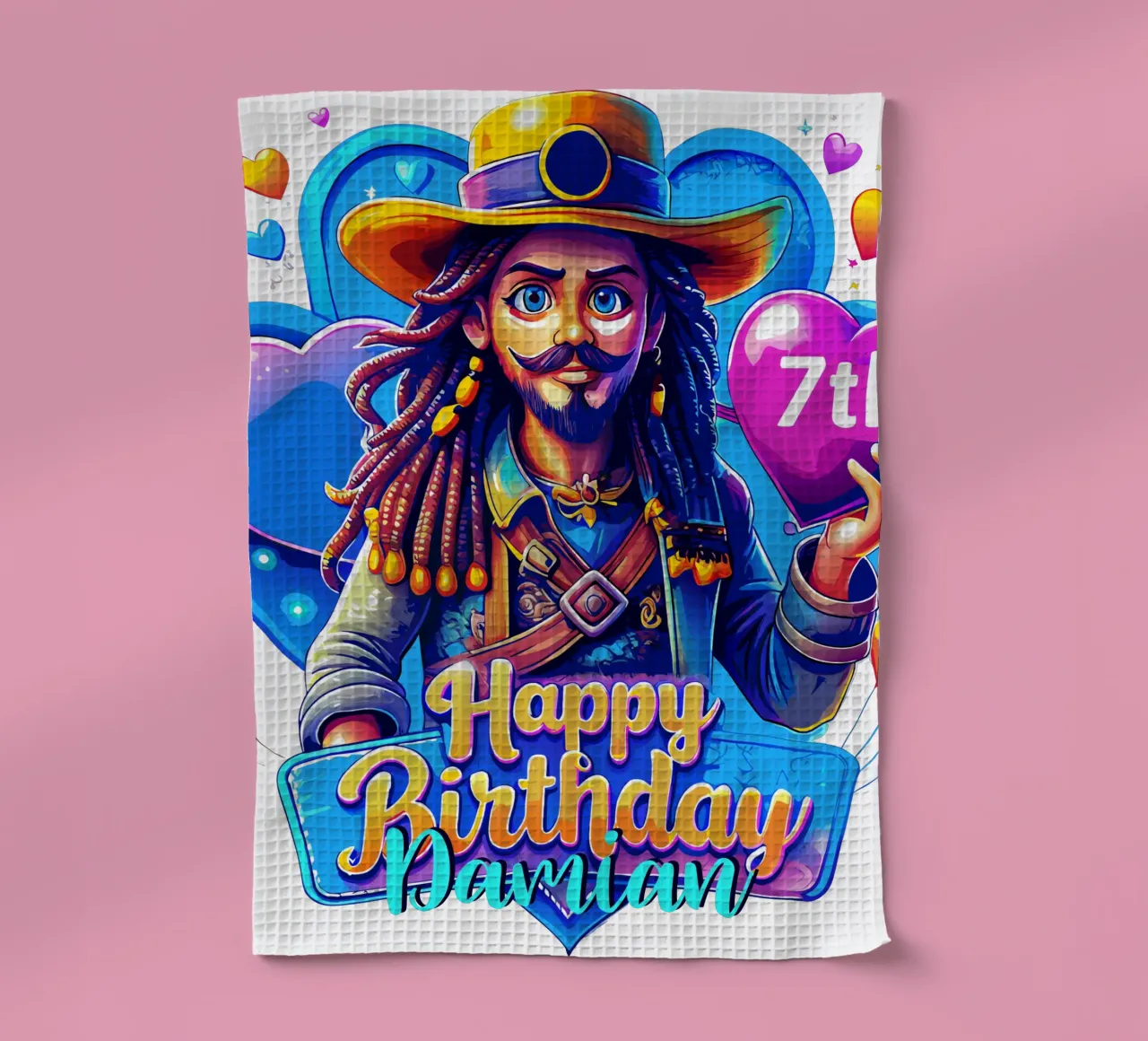 Pirate Birthday Holding Heart Balloon, Custom Name and Age tea towel by Artnesia