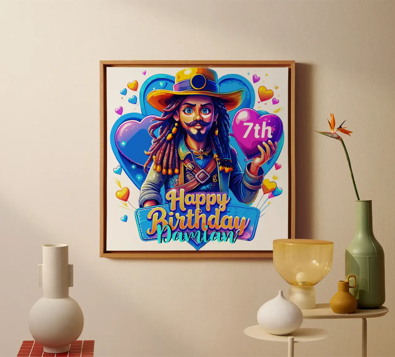 Pirata Cumpleaños Sujetando Globo Corazón, Personalizar Nombre y Edad lienzo con Marco flotante de Artnesia
