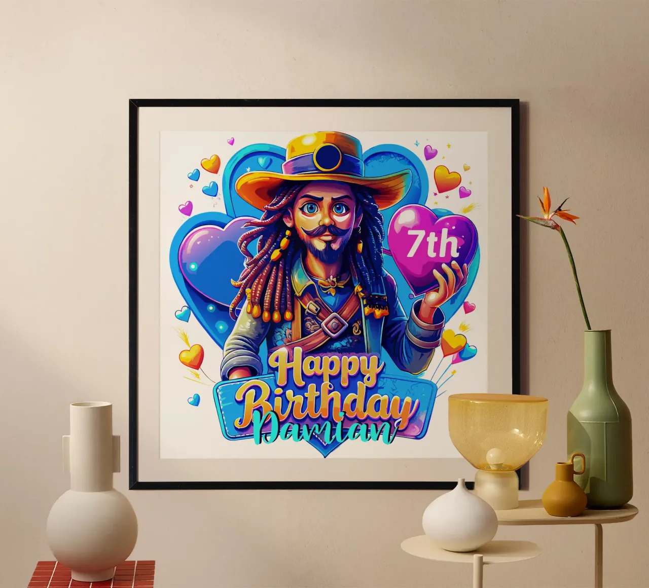 Palloncino con cuore in mano per compleanno pirata, personalizzato con nome ed età poster da Artnesia
