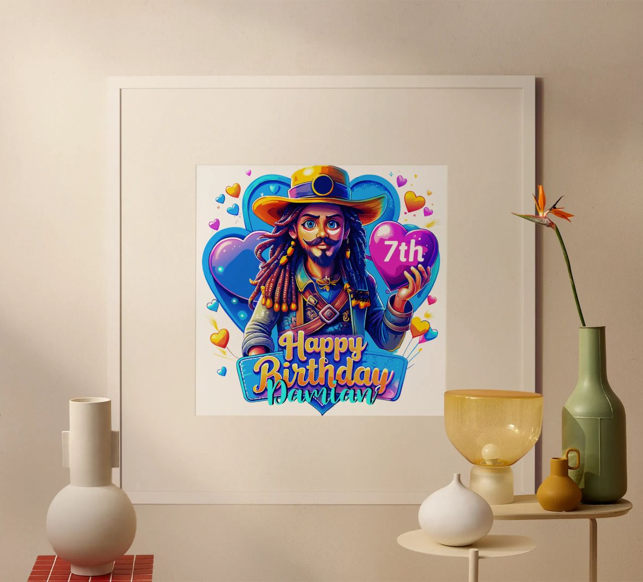 Pirata Cumpleaños Sujetando Globo Corazón, Personalizar Nombre y Edad poster de Artnesia