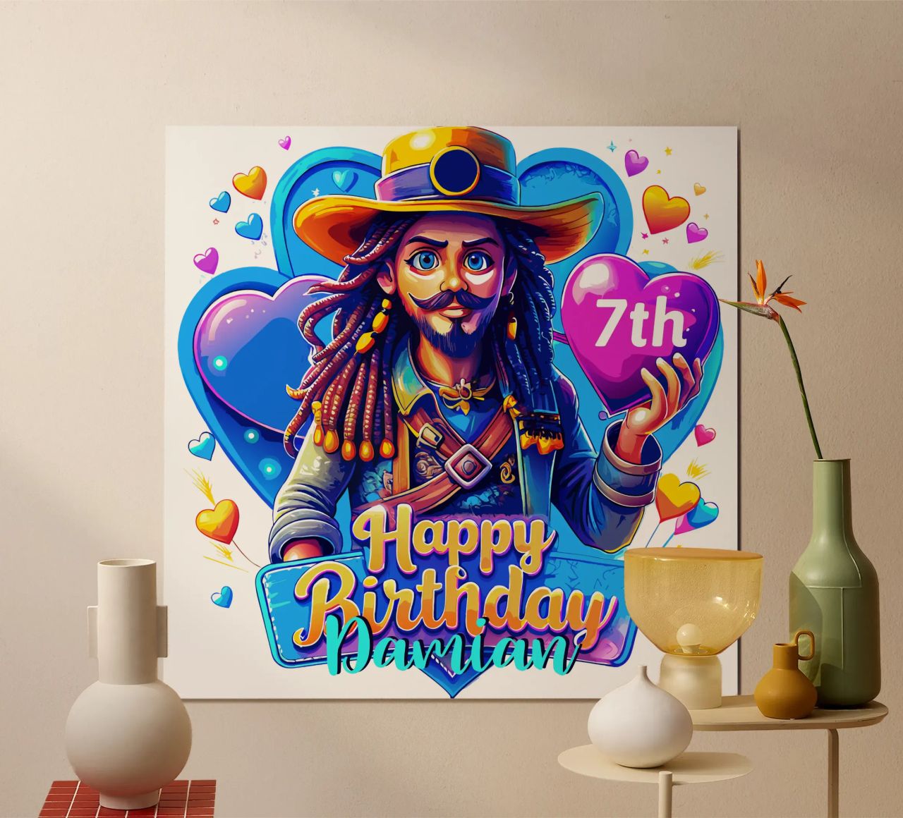 Pirata Cumpleaños Sujetando Globo Corazón, Personalizar Nombre y Edad poster de Artnesia